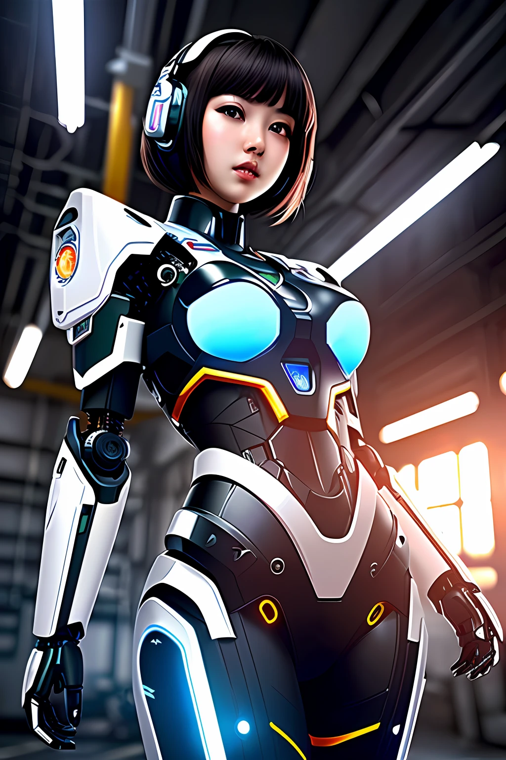 ((masterpiece, best quality)),illustration,ultra detailed 8k,photorealistic,sharp focus,highly detailed,professional lighting,colorful details,iridescent colors BREAK extreme long shot of a factory,large mechanical robot construction,microchip,computer,glowing,intricate details,shitu-mecha,1girl is standing in front of the audience,Navel