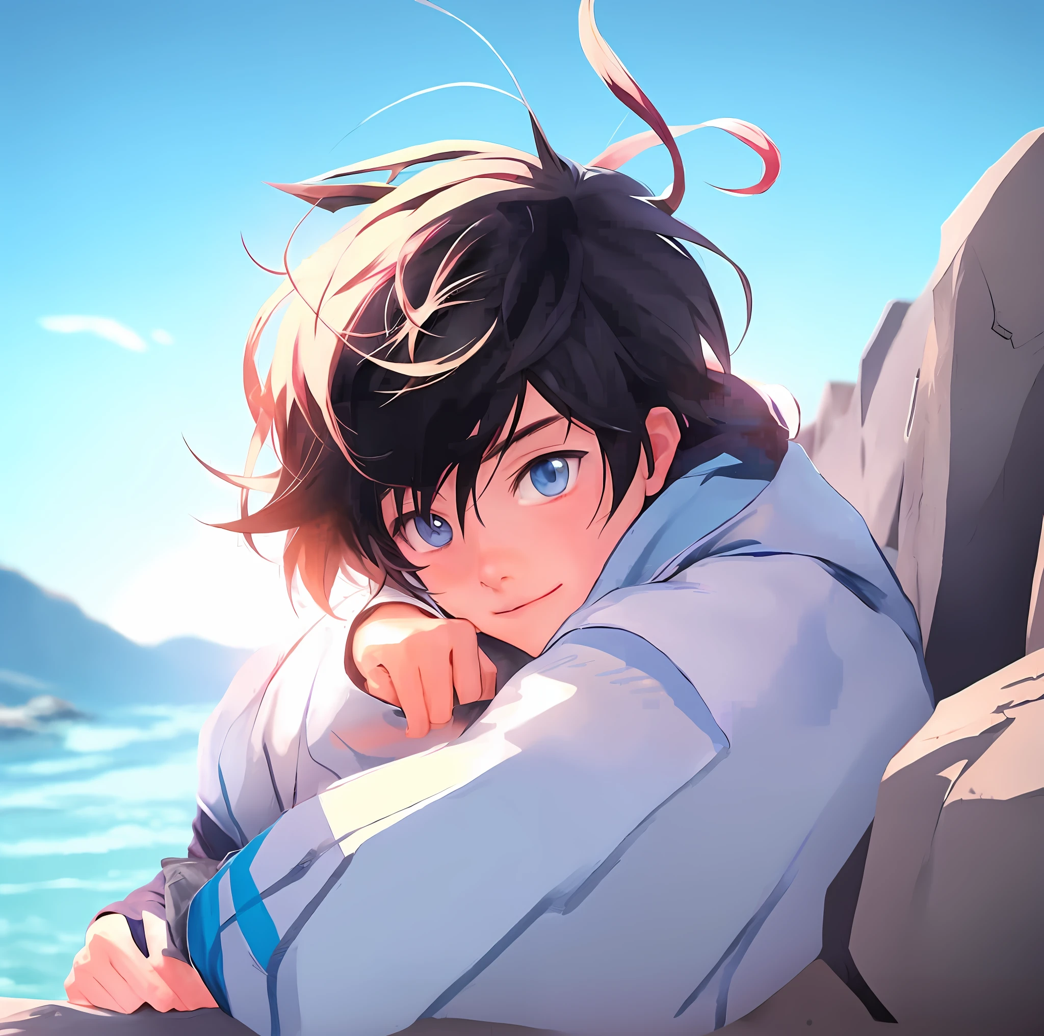 anime boy with blue eyes and black hair leaning on a rock, anime boy, high quality anime artstyle, makoto shinkai!!, anime moe artstyle, makoto shinkai!, makoto shinkai art style, tall anime guy with blue eyes, makoto shinkai and artgerm, handsome anime pose, anime handsome man, young anime man