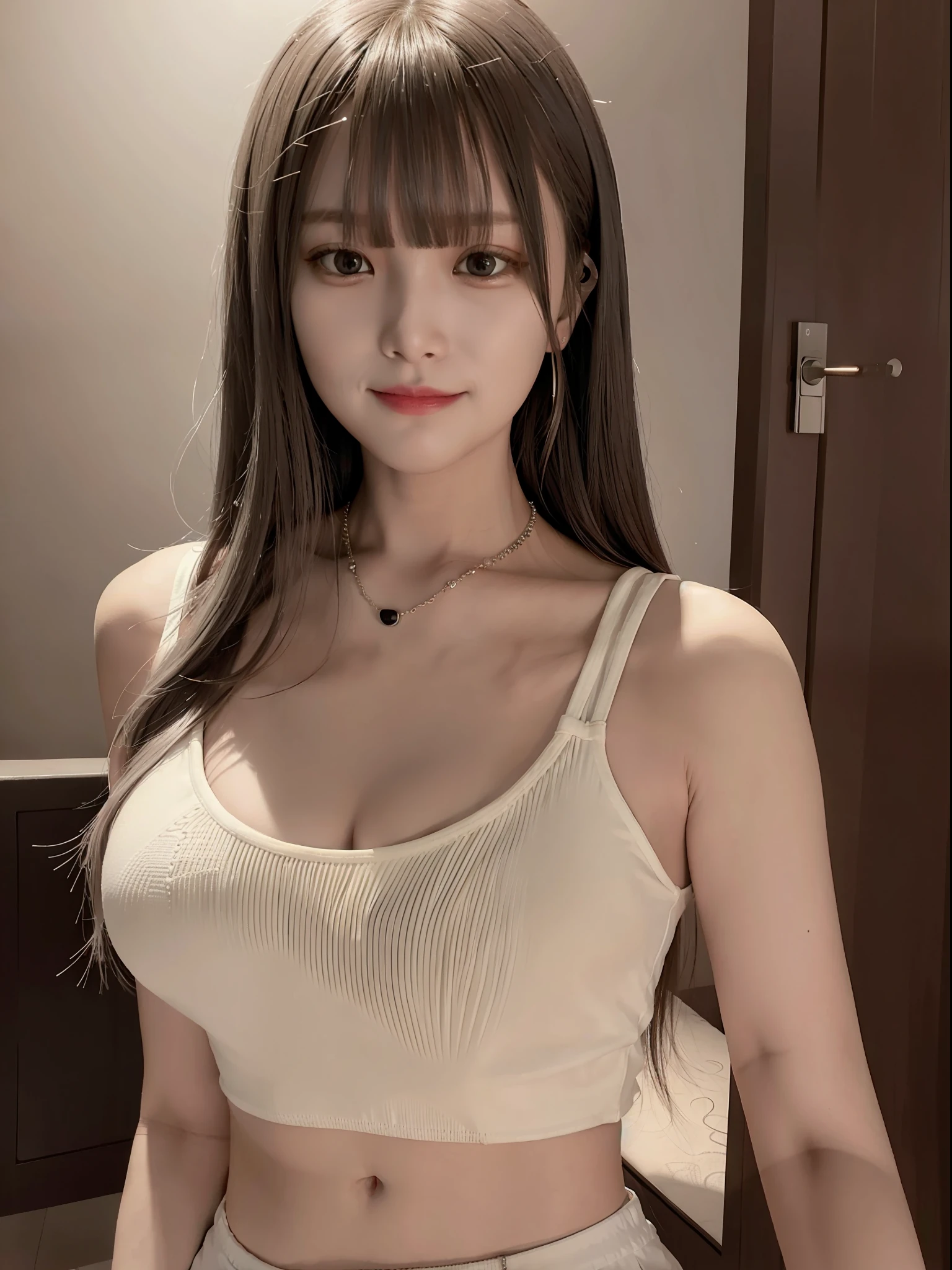 Crop top hansohee, necklace, bangs, smile edge lighting, two-tone lighting, dim, understated, ultra-realistic realistic textures dramatic lighting unrealengine artstation, winning photo, nikon raw photo, 8 k, Fujifilm XT3, masterpiece, best quality, realistic, photorealistic, ultra detailed, extremely detailed face,
