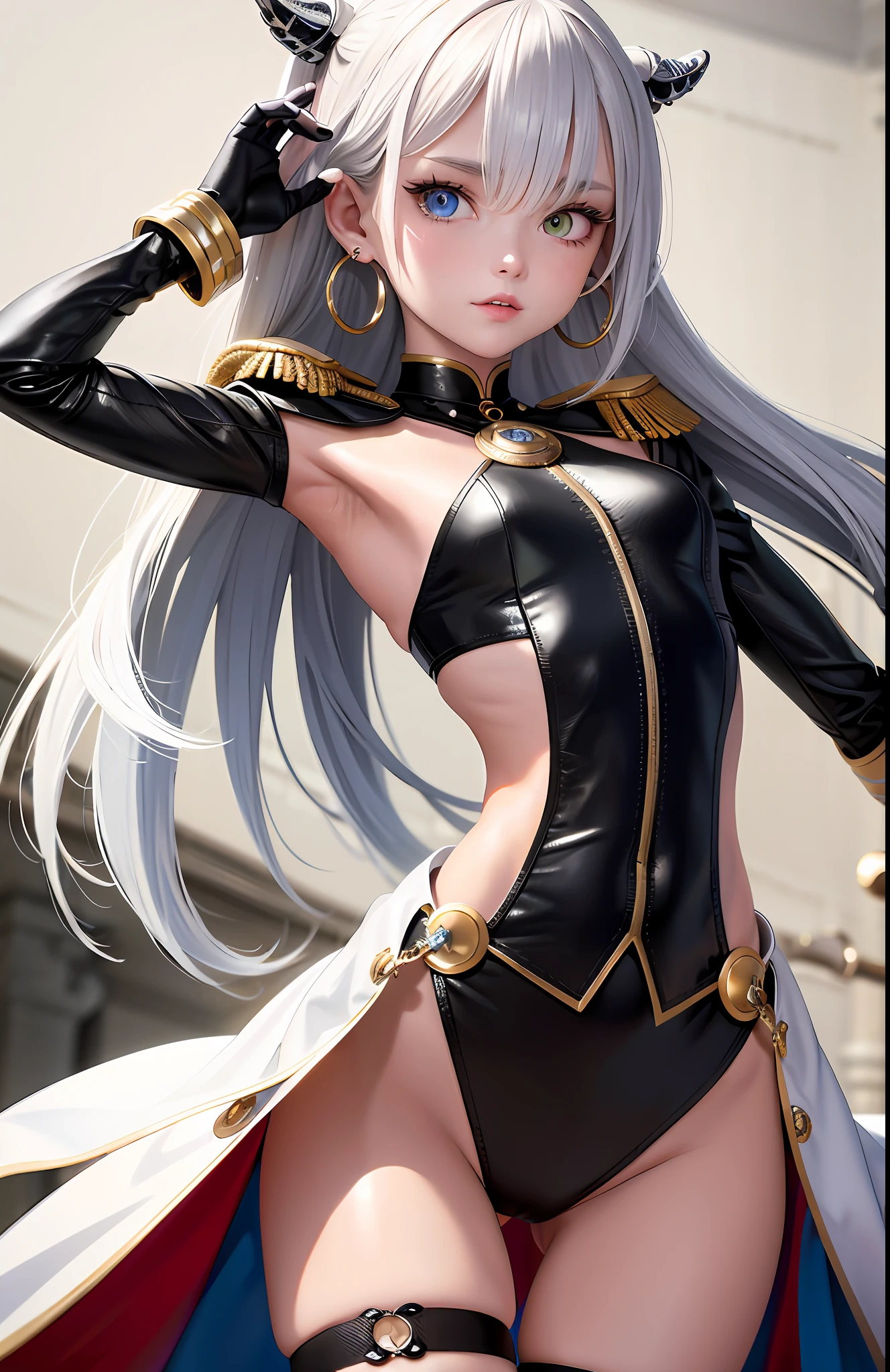 Best, Masterpiece, High Resolution, Best Quality, Ultra HD, Super Detail, Award-Awarded, 16k, (Upper Body), Anatomically Correct, Action Pose, Beautiful Maiden, Cute Face, Gradient Gray Hair with Pick Dye, Hair Strands, ((Heterochromia)), Long Eyelashes, Hanging Eye Corners, Fair Skin, (Small), (Slim Body), ((Military Uniform)), Stud Earrings, (Neck Rings), Very, Very Short Short Glove, Thigh Leg Rings