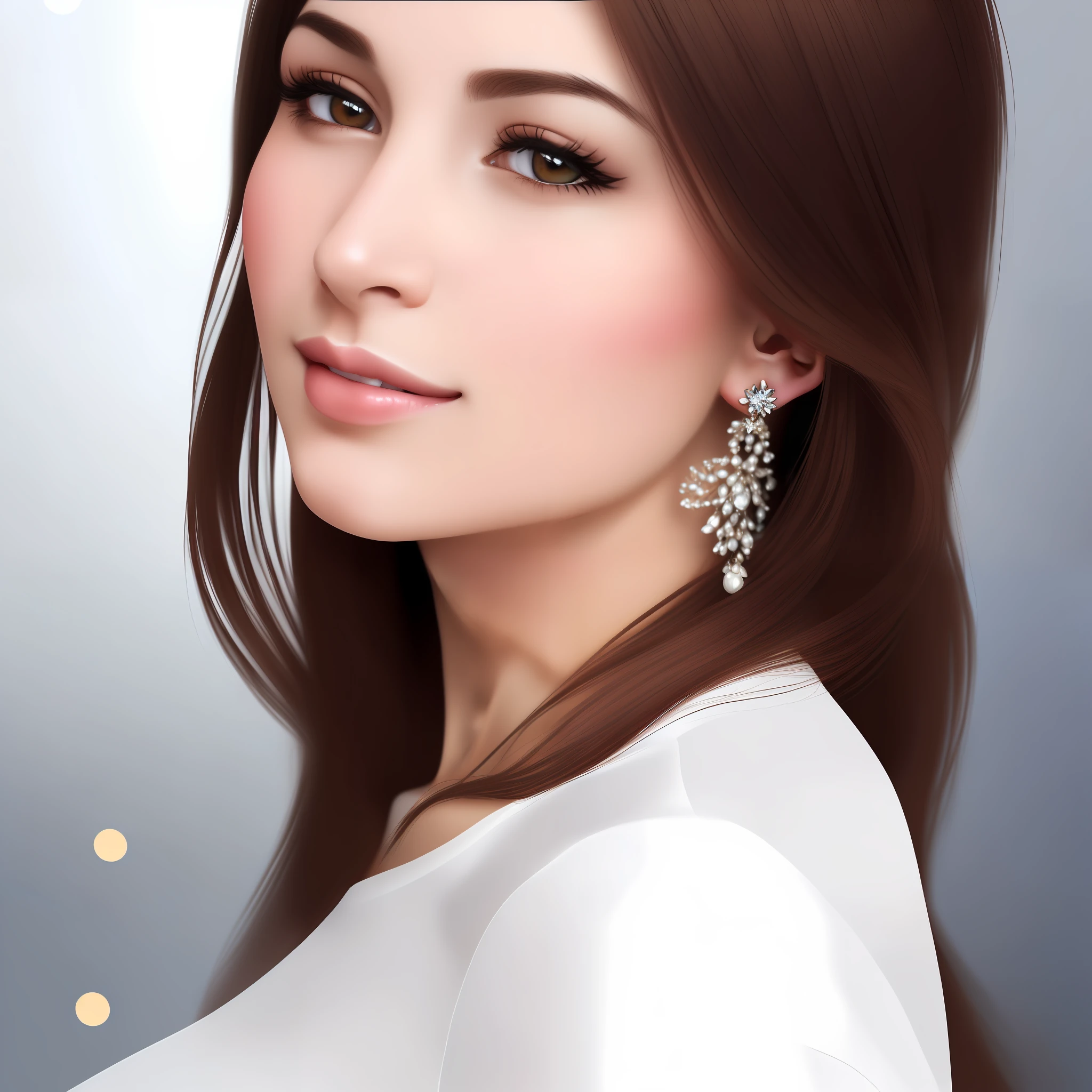 arafed woman with long brown hair and earrings posing for a picture, detailed beauty portrait, digital art of an elegant, detailed beautiful portrait, high quality portrait, photorealistic beautiful face, digital art portrait, digital illustration portrait, glamour portrait, elegant digital painting, detailed portrait, realistic portrait photo, beautiful portrait image, beautiful portrait photo, realistic beautiful face, realistic digital illustration