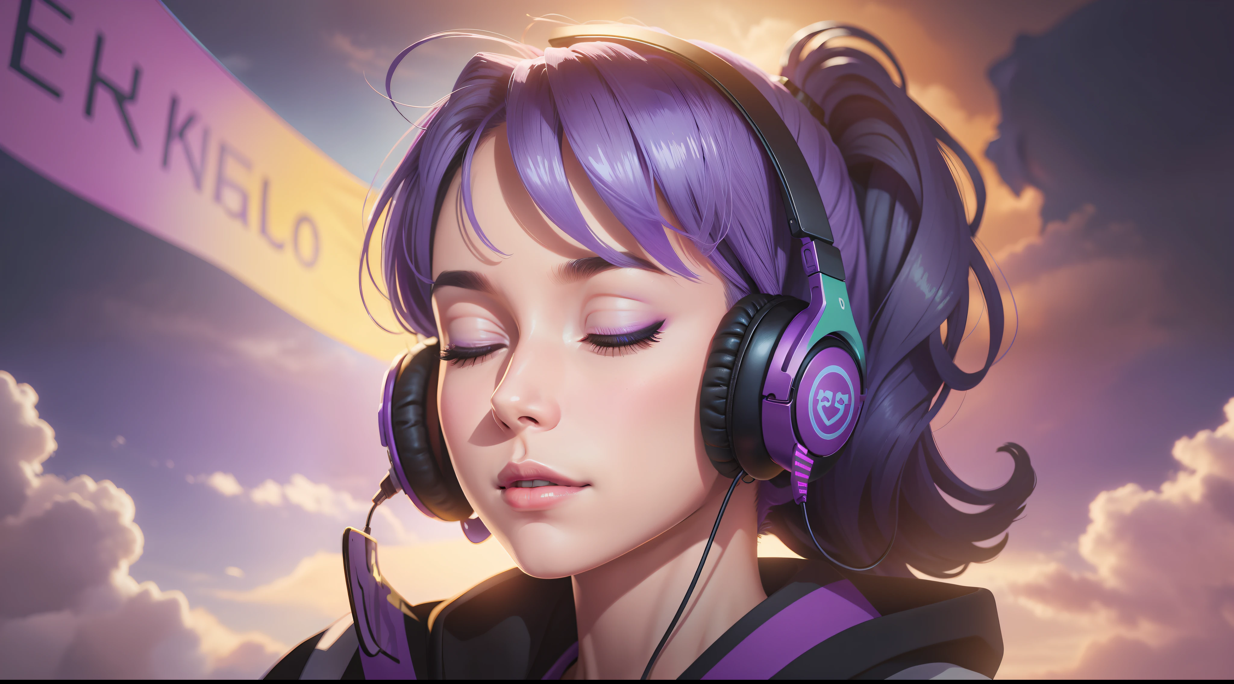 Woman with peace sense headset, closed eyes, beautiful face, RGB colors, purple hair, banner for youtube video, happy girl, clouds with RGB colors.