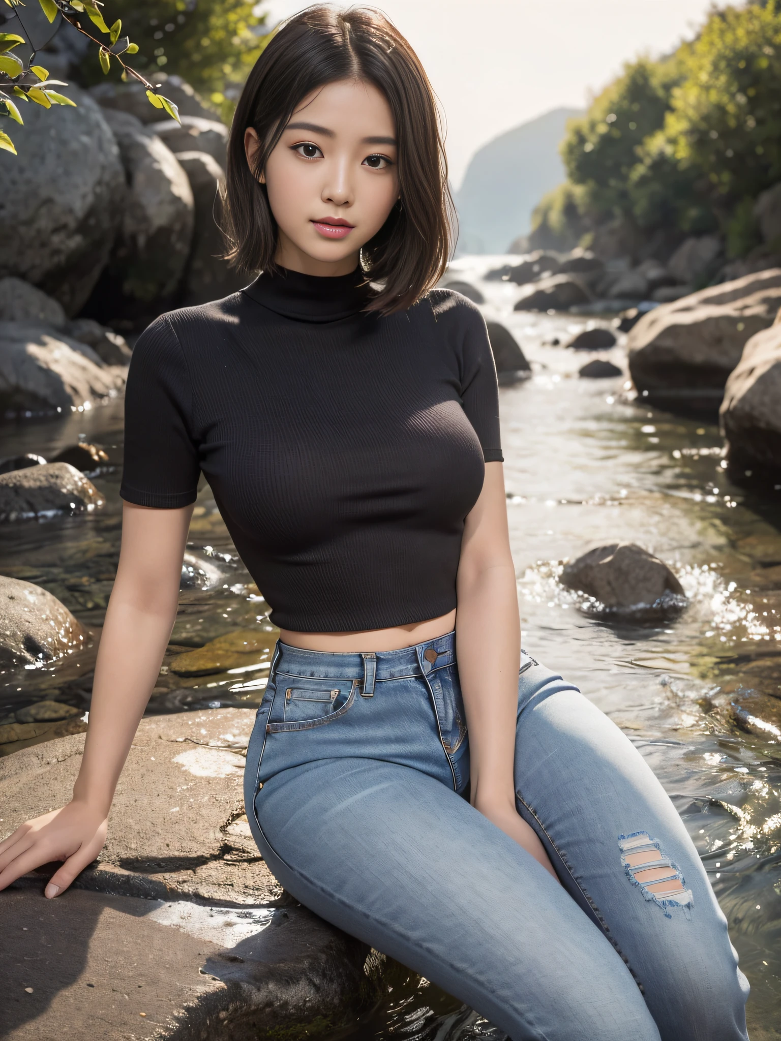 Beautiful Japanese girl by the stream at the foot of the mountain, realistic, photorealistic, 8k HD, masterpiece: 1.5, angle lens, center view, Arad Asian woman in crop top tight long jeans and gray tight knit T-shirt, background: 1.5 (foot of the mountain, by the stream, sitting in the stream), cute schoolgirl with a slim and perfect figure, ( Bo Bo head, stylish medium short straight hair: 1.2, brown-black, fluffy, layering: 1.2, realistic), Japanese 18 year old girl wearing long skinny jeans, Wearing ripped skinny long jeans (low rise crop top, micro-flared, trousers: 1.5), (ripped scares: 0.6), (branded jeans: 1.5, realistic detailed jeans textures and stripes: 1.5, realistic detailed jeans graininess: 1.5), wearing smoked gray skinny knit t-shirts, ((gray), skinny: 1.5, brand: 1.5)), surreal schoolgirl, dressed as schoolgirl, surreal schoolgirl, realistic schoolgirl, schoolgirl posing, full body: 1.5, beautiful skin, glowing skin, beautiful thighs, perfect thighs, perfect calves, white and tender toes, beautiful breasts: 1.5, beautiful breasts: 1.5, beautiful buttocks: 1.5, best quality, white skin, real skin, (detail face), goose egg face, pores, super high resolution, (8k, RAW photo, photorealistic:1.4), 1girl, slim, (smile, show teeth: 1.2, look at the audience with a serene goddess-like look happiness: 1.2), ( fashionable mid-point, fluffy short straight hair: 1.2, lip gloss, eyelashes, glossy face, best quality, super high resolution, wide lighting, natural shadows), fair pink toes: 1.5, stiletto strap sandals: 1.5, shoot full body (1.5) --auto --s2