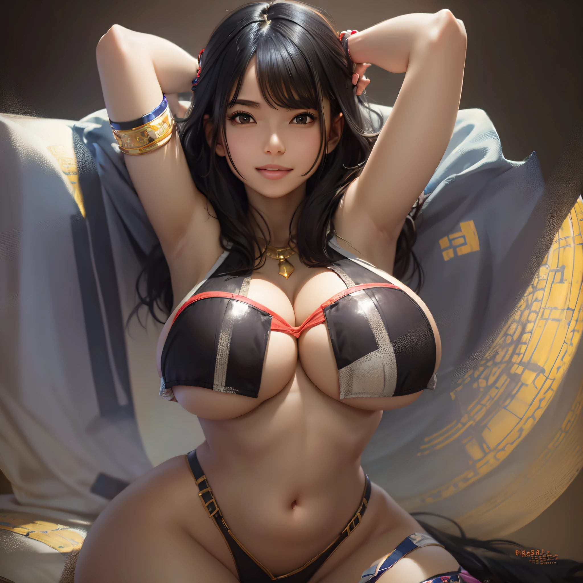 Masterpiece, 1girl, solo, black hair, underboob, light_smile, arms crossed, huge breasts, big ass. photorealistic. --auto --s2