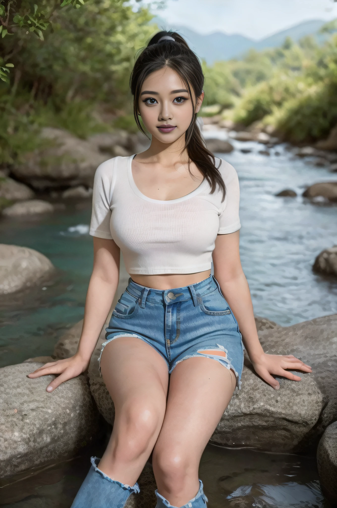 Beautiful Japanese girl by the stream at the foot of the mountain, realistic, photorealistic, 8k HD, masterpiece: 1.5, angle lens, center view, Arad Asian woman in crop top tight long jeans and cream shirt, background: 1.5 (at the foot of the mountain, by the stream, sitting in the stream), cute schoolgirl, slim and perfect, ( Fashionable high ponytail fluffy short straight hair: 1.2, brownish yellow, layering: 1.2, realistic), Japanese 18 year old girl wearing long skinny jeans, Wearing ripped skinny long jeans (low rise crop top, micro-flared, trousers: 1.5), (ripped jeans: 0.6), (branded jeans: 1.5, realistic detailed jeans texture and stripes: 1.3, realistic detailed jeans graininess: 1.3), surreal schoolgirl, dressed as schoolgirl, surreal schoolgirl, realistic schoolgirl, schoolgirl posing, whole body: 1.5, beautiful skin, glowing skin, beautiful thighs, perfect thighs, perfect calves, white and tender toes, beautiful breasts:1.5,Pretty breasts:1.5,Buttocks:1.5,Best quality, White skin, Real skin, (Detail face), Goose egg face, Pores, Ultra resolution, (8k, RAW photo, photorealistic:1.4), 1girl, slim, (smile, show teeth: 1.2, look at the audience with a serene goddess of eyes happiness: 1.2), ( Stylish high ponytail, fluffy straight hair: 1.2, lip gloss, Eyelashes, glossy face, best quality, super resolution, wide illumination, natural shadows), fair pink toes: 1.5, stiletto strap sandals: 1.5, shoot full body (1.5) --auto --s2