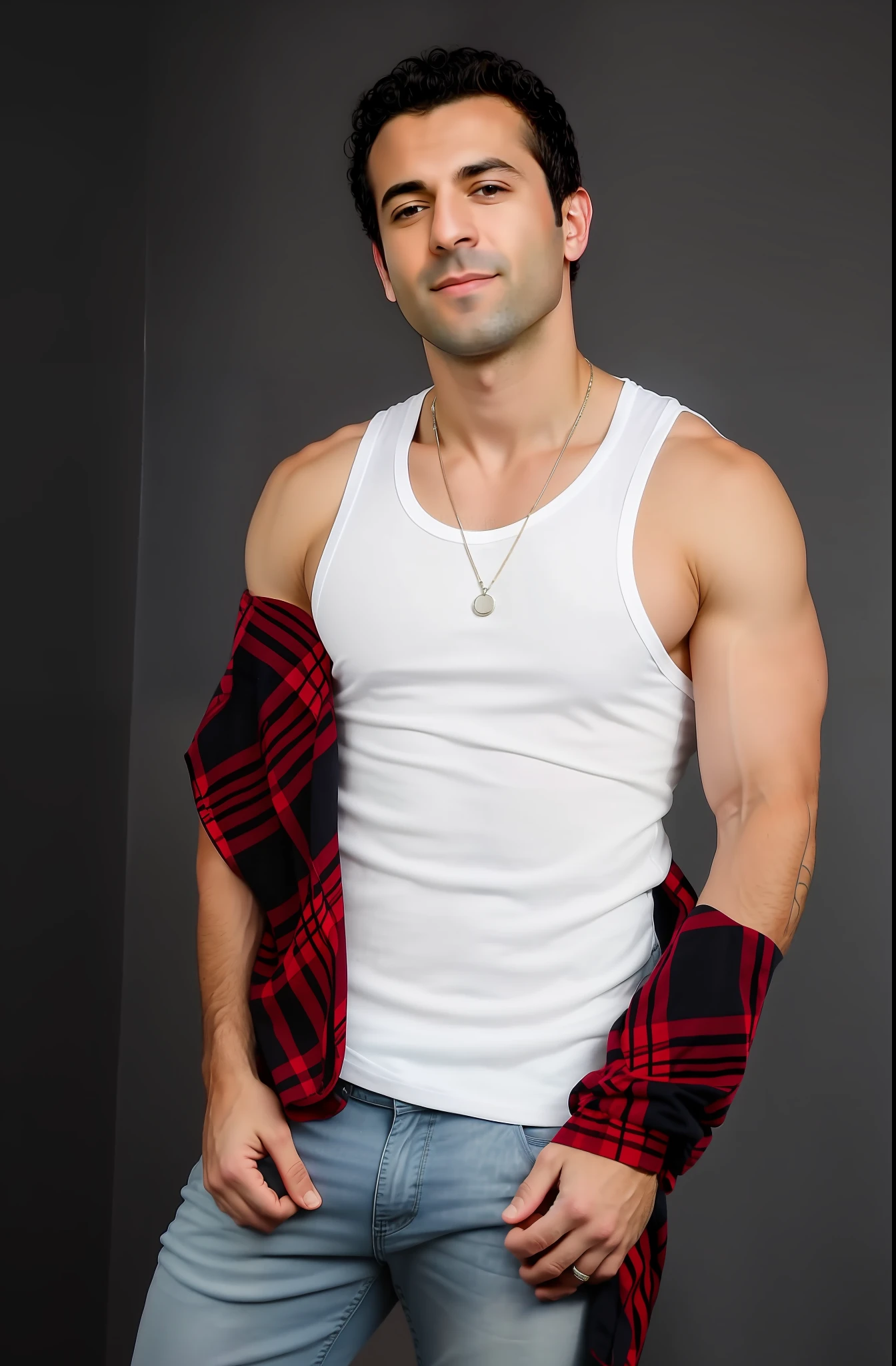 arafed man in a white tank top and jeans posing for a picture, wearing tanktop, wearing a tanktop, wearing : tanktop, wearing a low cut tanktop, no shirt under the vest, full body portrait shot, photo from a promo shoot, wearing a vest top, fullbody photo, wearing tank top, wearing a muscle tee shirt