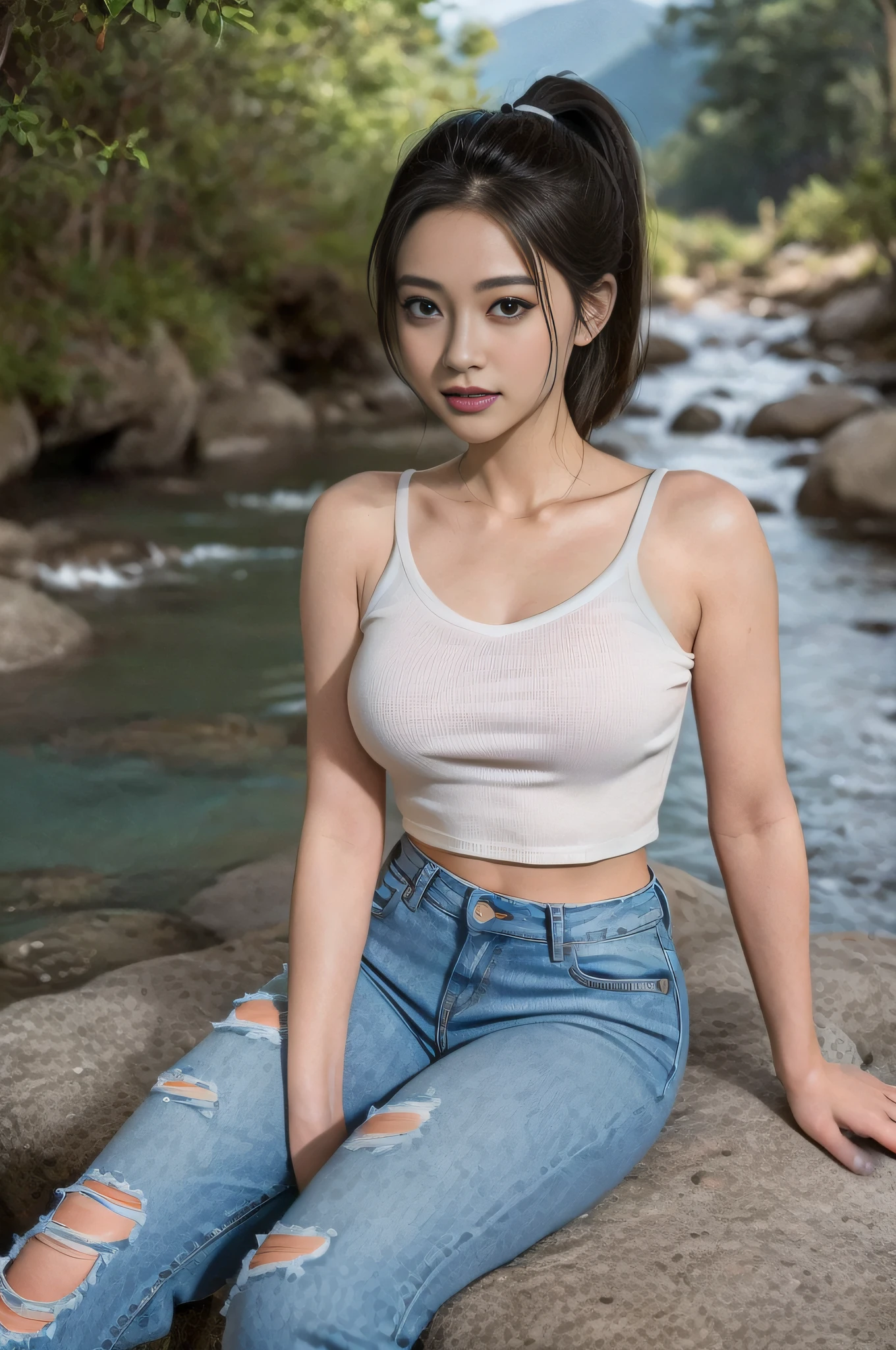 Beautiful Japanese girl by the stream at the foot of the mountain, realistic, photorealistic, 8k HD, masterpiece: 1.5, angle lens, center view, Arad Asian woman in crop top tight long jeans and cream shirt, background: 1.5 (at the foot of the mountain, by the stream, sitting in the stream), cute schoolgirl, slim and perfect, ( Fashionable high ponytail fluffy short straight hair: 1.2, brownish yellow, layering: 1.2, realistic), Japanese 18 year old girl wearing long skinny jeans, Wearing ripped skinny long jeans (low rise crop top, micro-flared, trousers: 1.5), (ripped jeans: 0.6), (branded jeans: 1.5, realistic detailed jeans texture and stripes: 1.3, realistic detailed jeans graininess: 1.3), surreal schoolgirl, dressed as schoolgirl, surreal schoolgirl, realistic schoolgirl, schoolgirl posing, whole body: 1.5, beautiful skin, glowing skin, beautiful thighs, perfect thighs, perfect calves, white and tender toes, beautiful breasts:1.5,Pretty breasts:1.5,Buttocks:1.5,Best quality, White skin, Real skin, (Detail face), Goose egg face, Pores, Ultra resolution, (8k, RAW photo, photorealistic:1.4), 1girl, slim, (smile, show teeth: 1.2, look at the audience with a serene goddess of eyes happiness: 1.2), ( Stylish high ponytail, fluffy straight hair: 1.2, lip gloss, Eyelashes, glossy face, best quality, super resolution, wide illumination, natural shadows), fair pink toes: 1.5, stiletto strap sandals: 1.5, shoot full body (1.5) --auto --s2