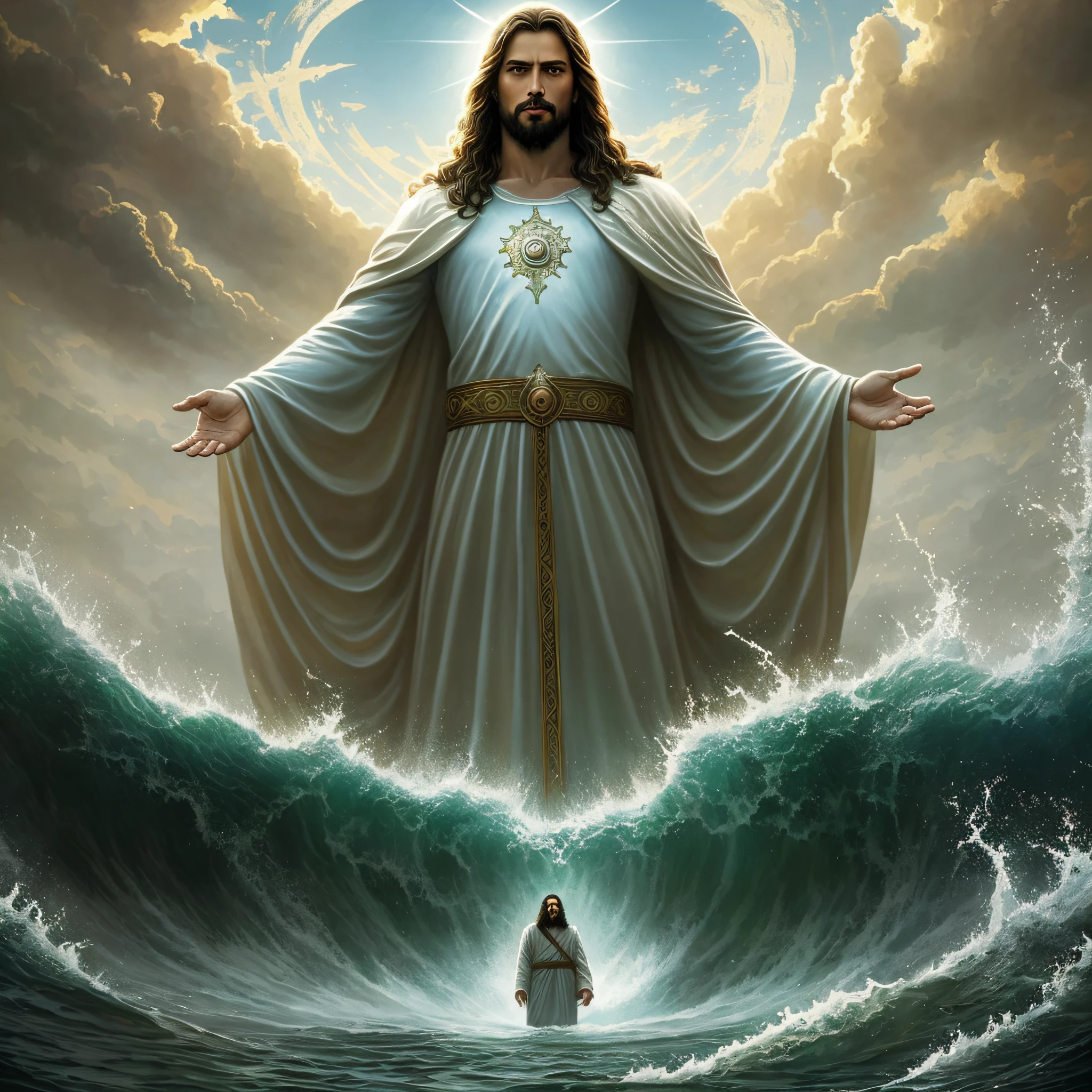 jesus walking in water with a crown on his head, jesus no céu de nuvens brancas, anjos em volta,  jesus christ, alexey egorov, by Harrington Mann, dressed like jesus christ, majestic masterpiece, anton fadeev 8 k, epic biblical depiction, marc adamus, king of kings, by Aleksander Kobzdej, by Aleksander Gierymski, jesus