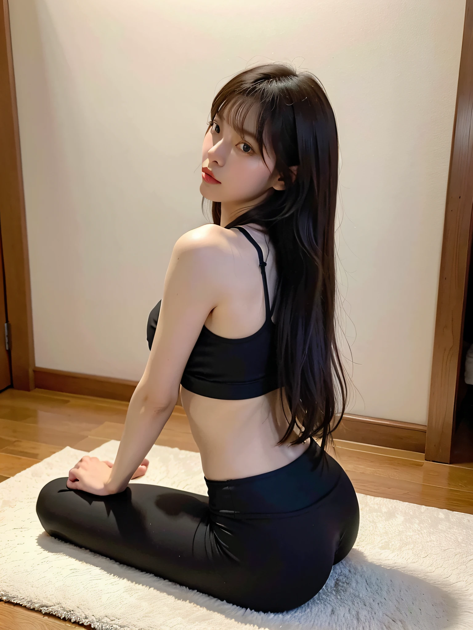 (yoga room: 1.3), sports bra, yoga pants, no panties, (full body: 1.0), butt back, lying on the ground, yoga moves, long hair , (realism: 1.4), (best quality: 1.0), (super resolution: 1.0), 8k, raw photos, (masterpiece: 0.2), super detailed, 1 girl, pale skin, detailed skin, looking at the viewer, from the side, expressionless,
