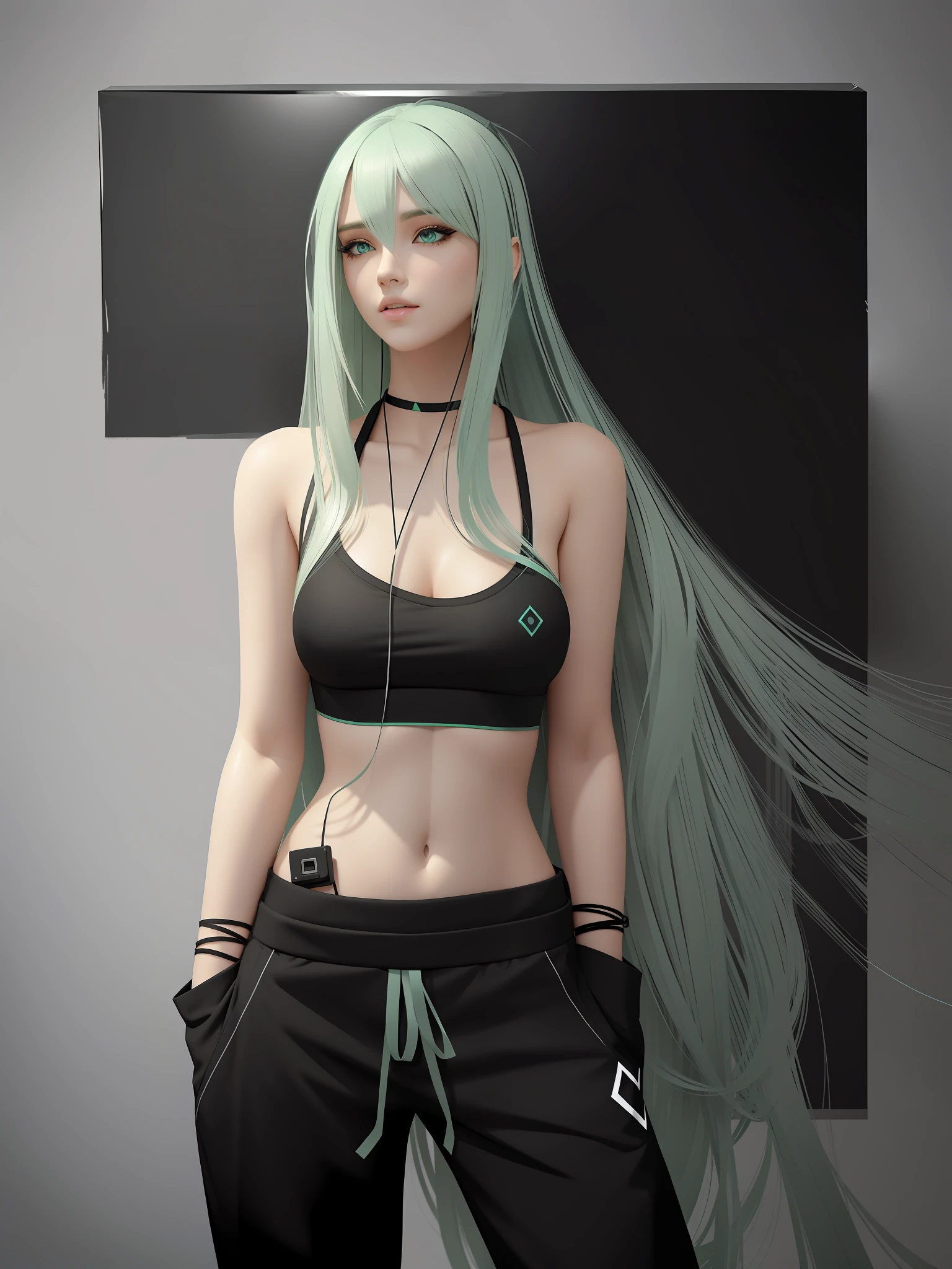 a girl, long mint-green hair, black sports crop top, black trousers, grey square background, digital art, realistic 3 d style, digital art