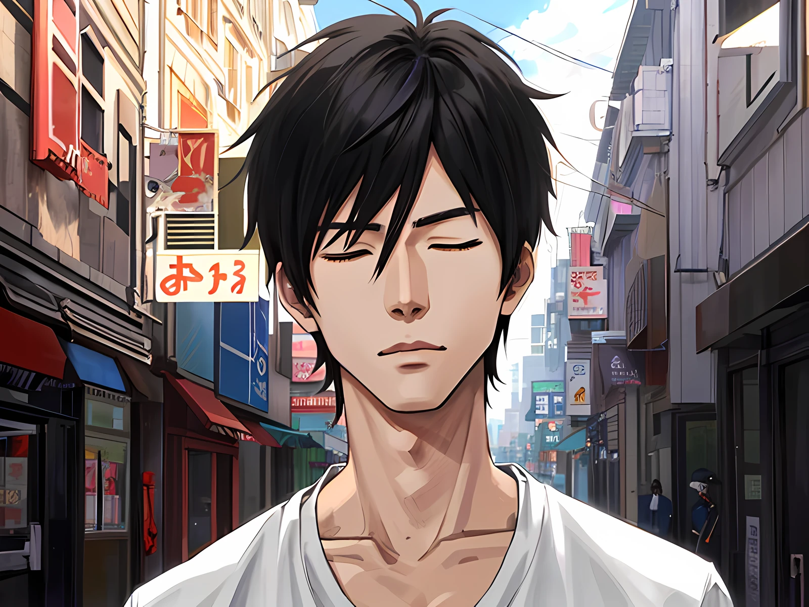 Anime male character standing on city street with eyes closed, digital anime illustration, anime style, stunning anime face portrait, anime realism style, smooth anime CG art, young anime man, anime style portrait