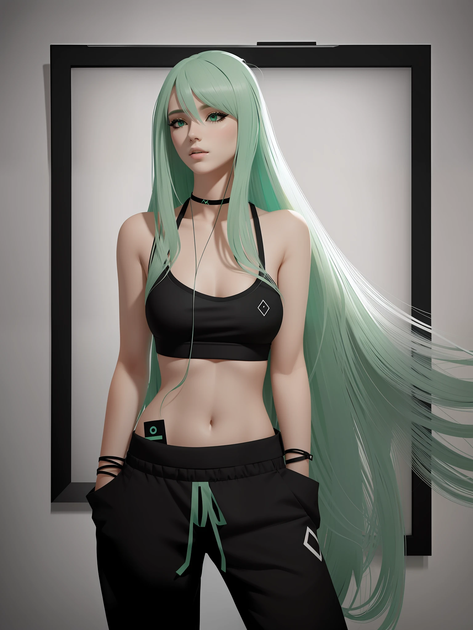 a girl, long mint-green hair, black sports crop top, black trousers, grey square background, digital art, realistic 3 d style, digital art