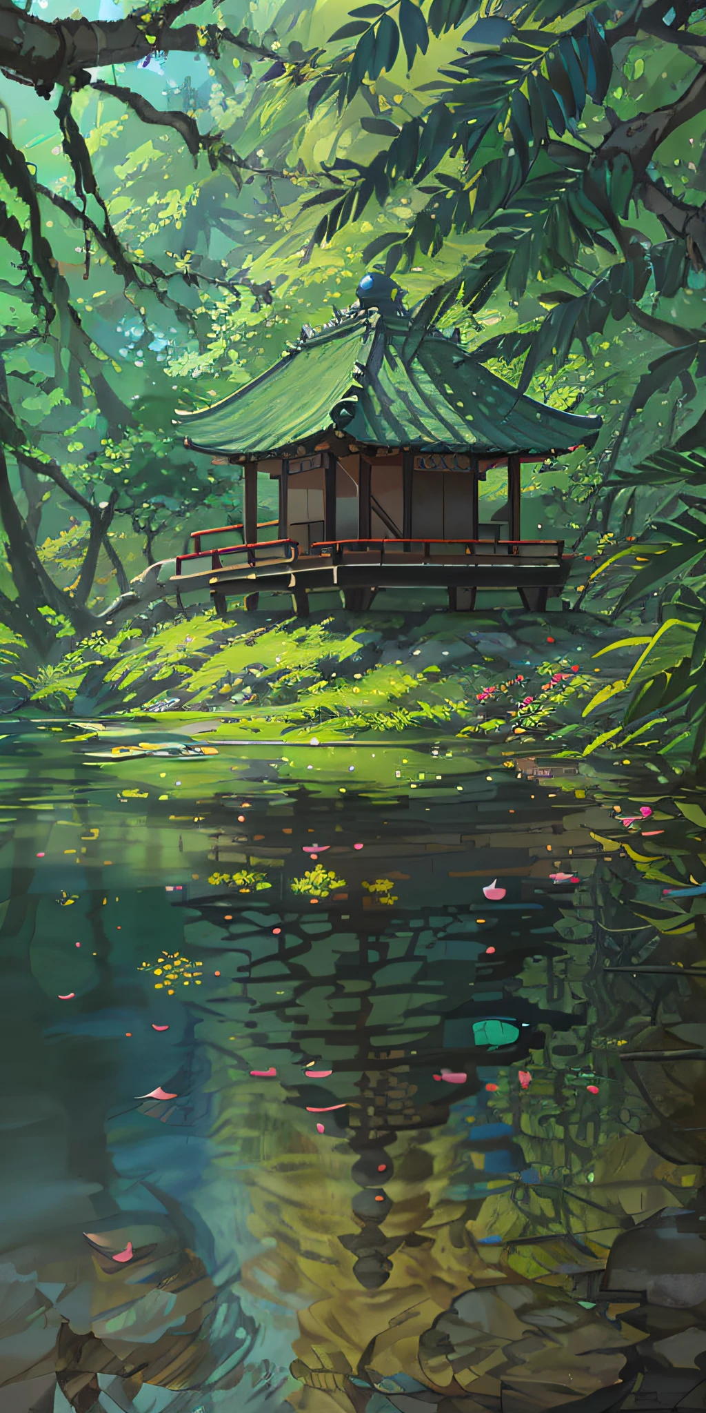 Chinese ancient times, spring, jungle, lake, cave, waterfall, tree, meadow, rock, deer, hot spring, water vapor, (illustration: 1.0), epic composition, realistic lighting, HD details, masterpiece, best quality, (very detailed CG unified 8k wallpaper)