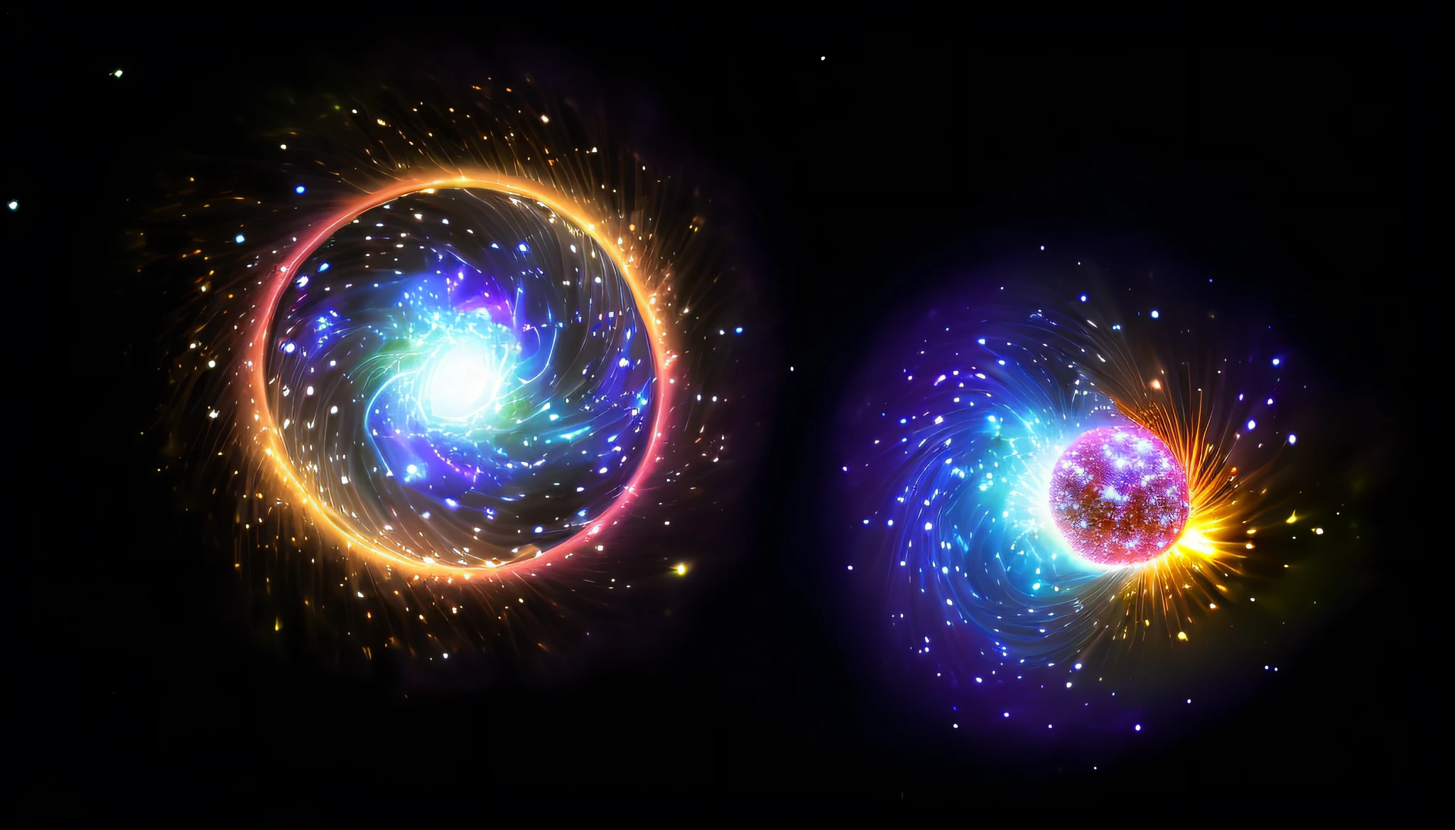two bright lights are seen in the center of a black background, atoms colliding, quantum entanglement, neutron star, energy spheres, cosmic energy wires, quantum particles, nuclear fusion, gravitational singularity, entering a quantum wormhole, supernovas, supernova explosion, infinite quantum waves, electrons, collapsing stars and supernovae