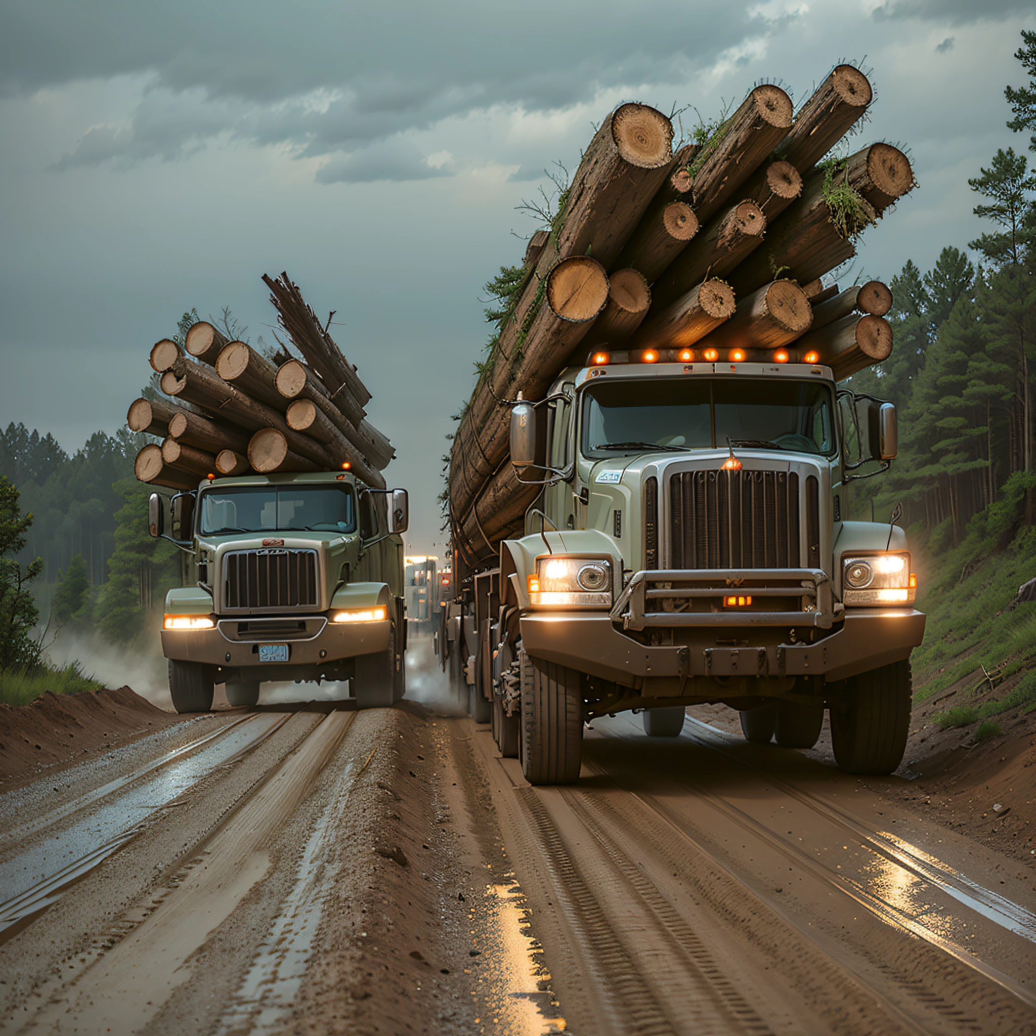 trucks loading logs from trees on a dirt road filled with clay