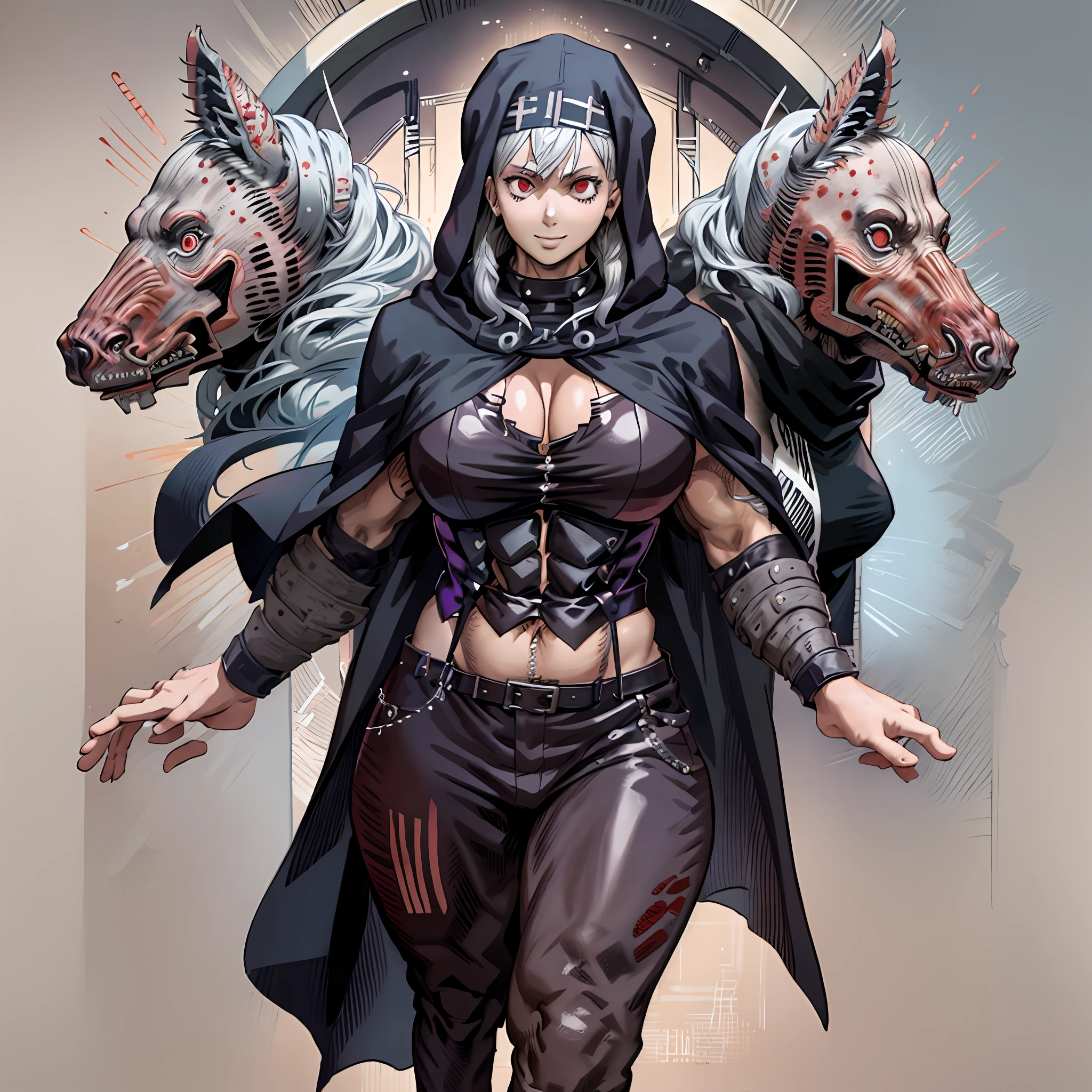 noi_dorohedoro, noi, muscular girl, huge chest, tall woman, priestess, martial art, modest, fully clothed, bent, pants, cloak, priestess, holy, walking, smile, coat, medieval, unmasked, nun, cloak,walking