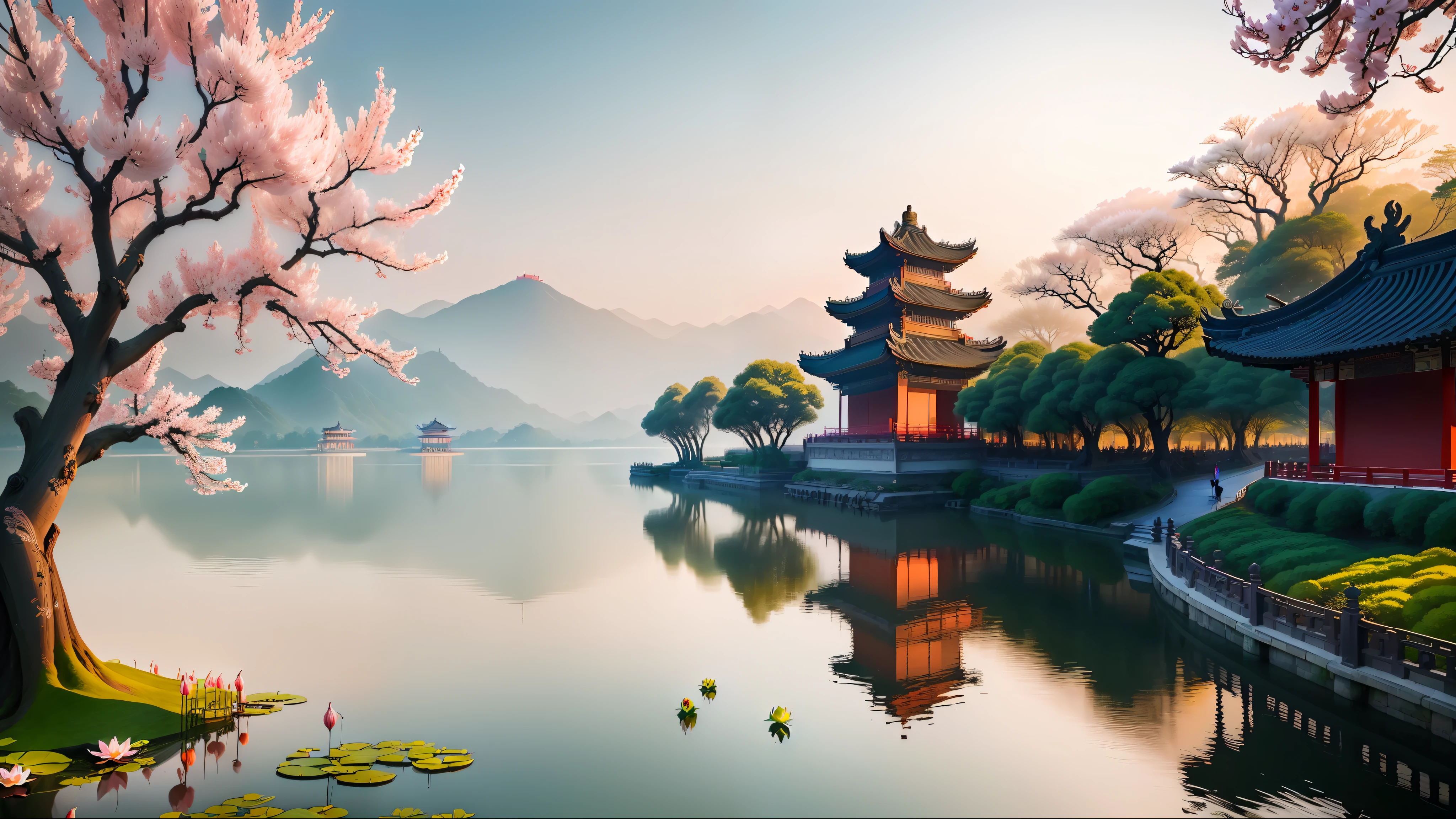 A masterpiece, exquisite. The beautiful scenery of Hangzhou West Lake, near the lake, lotus flowers, in the distance is Leifeng Pagoda, and in the sky is cranes