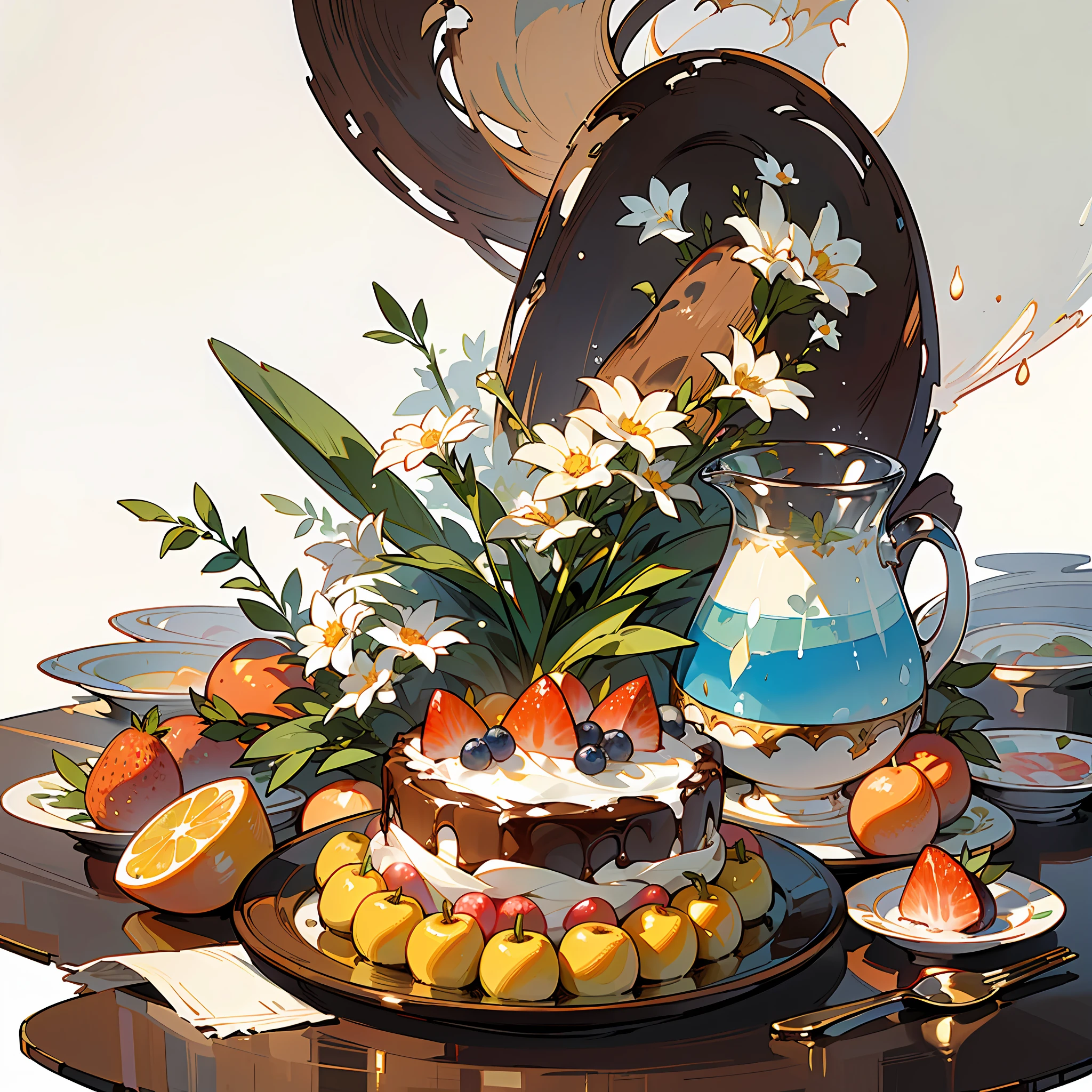 (Masterpiece: 1.2), (Best Quality: 1.2), Fruit, Juice, Magic Potion, Gourmet, Flowers, Cake, Colorful, Organized, Arranged, White Background, HD, Masterpiece, Super Detail, (Best Quality, High Resolution), Ultra High Resolution, Ultra HD, 32K, cgStation Pop ----niji 5