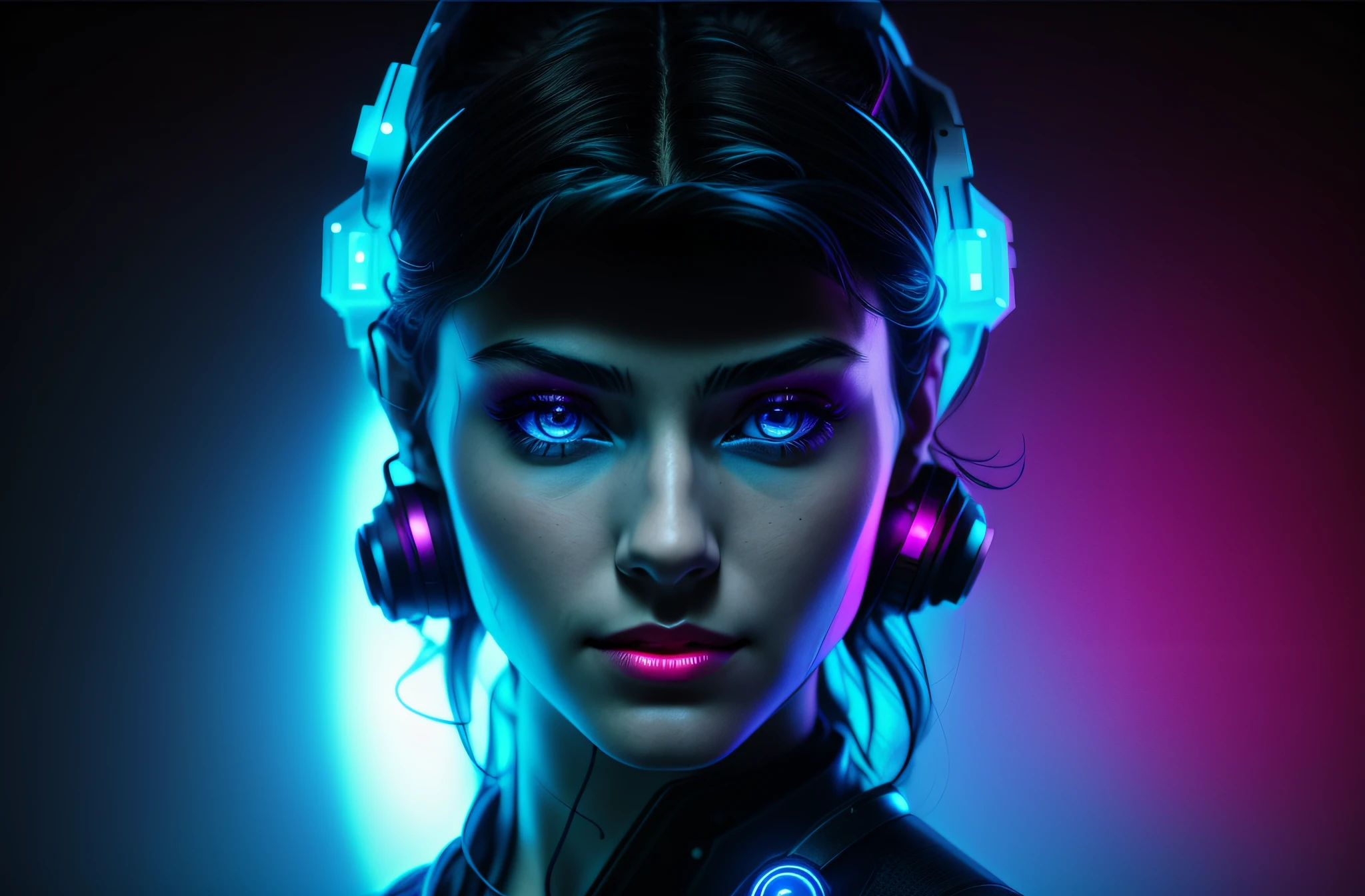 there is a woman with headphones on and a glowing blue light, beautiful cyberpunk girl face, portrait beautiful sci - fi girl, the cyberpunk girl portrait, beutiful girl cyborg, cyborg - girl, cyberpunk beautiful girl, cyborg girl, beautiful cyborg girl, cute cyborg girl, beautiful cyberpunk woman model, portrait of a cyberpunk cyborg, portrait of a sci - fi woman