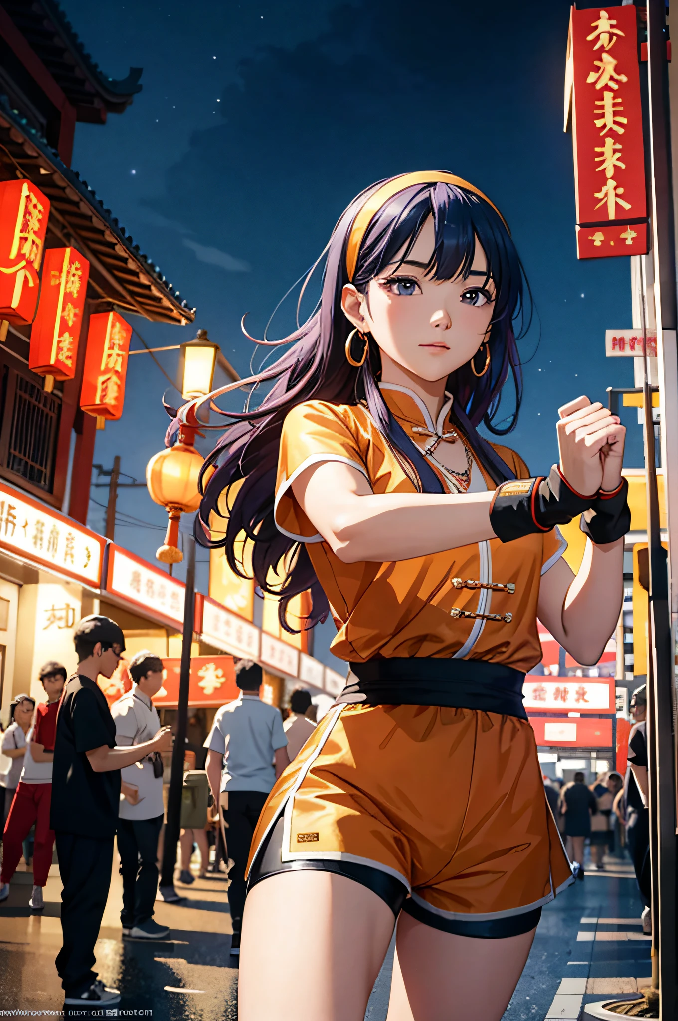 (masterpiece, extremery best quality:1.3), ((depth of field:)), absurdres, (ultra high res, extremery detailed CG, high resolution, realistic, ultra-detailed, Photo, hyperrealistic, ultra-realistic, hyper-detailed, cinematic atmosphere, 8k uhd, insanely detailed, trending on artstation, award-winning glamour photograph, highly detailed photo,top quality, best, official art, beautiful and aesthetic, highres:1.5), ((looking at viewer)), ((1girl)), ((solo)), (((aa1, purple hair, long hair, hairband, long hair, necklace, bike shorts, earrings, red dress, puffy short sleeves, white sleeves, wristband, fingerless gloves,serious, (blush:0.8), open hand, hold fists, (fighting stance:1.1), Chinese Kung Fu, Kung Fu, Chinese Martial Arts, Martial Arts :1.7))), (((city, sidewalk, buildings, (night:1.5), city lights, neon lights, outdoors, cyberpunk, cozy, street background, Chinatown Street Scene, Hong Kong Street Scene, Japan Street Scene :1.6))), (young cute beautiful 18-year-old girl:1.2),(eye focus, face focus:1.1),  (dutch angle, cowboy shot :1.5), (dynamic angle, dynamic pose :1.2), medium breasts, stunning innocent symmetry face, emotional, flat bangs, studio ghibli, (bloom, analog:1.2), (painting, digital painting, concept art, Oil Painting, illustration :1.1),golden hour, Classical art, canvas texture, Renaissance, Romanticism, Neoclassicism, delicate brushwork, fine detail, Color Palette, depth and contrast, Vibrant colors, (rich saturation:1.2), color harmony, vivid palette, complementary colors, {{{painted in the style of Abstract art}}}, concept-art, detail_face, line_sketch, design style, multi style, detail character, massive detail, Highly detailed, concept render,((extreme detailed,colorful,highest detailed,lomography, (analog photography:1.2), soft focus, light leaks, dreamy atmosphere, experimental charm, nostalgic appeal )), BREAK, (PureErosFace_V1:0.5), (ulzzang-6500:0.5), aespawinter, (kbxll:0.6), FilmG,