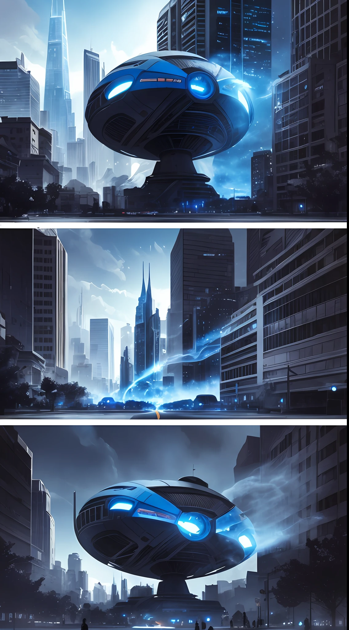 /imagine prompt: [Illustration storyboard] comic page, multiple images on one page: alien spaceship landing on Earth (vista), smoke and dust in the city (medium view), a group of people with weapons, fighting alien creatures (close-up) [multi-camera continuous shooting] cobalt blue and reflective silver, film P30, unequal slash composition, in the style of Paul Chadeisson