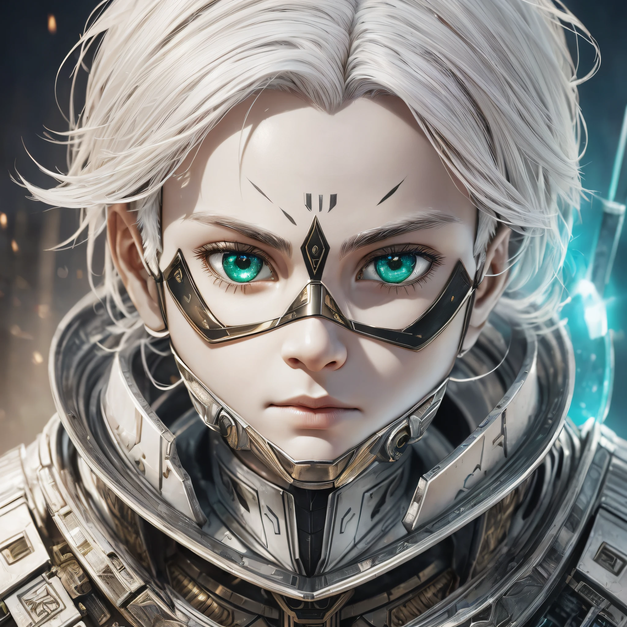 masterpiece, best quality, movie, official art, sand, natural propaganda art, movie wallpaper, very detailed CG uniform 4k wallpaper, intricate details, white background, upper body, facial focus, concept art, making art, ( , high resolution, (realistic, realistic:1.2), physically based rendering, mechanical, reflection, realism, cyberpunk, symmetry front view close up avatar eyes symmetry face very sharp focus realistic award-winning mask painting movie light 1 (boy:1.5), mecha, (illustration: 1.1), slim, fair skin, delicate face, king robe, glossy, tights, (white hair), green eyes, battlefield, chip, shine, sword, --auto --s2