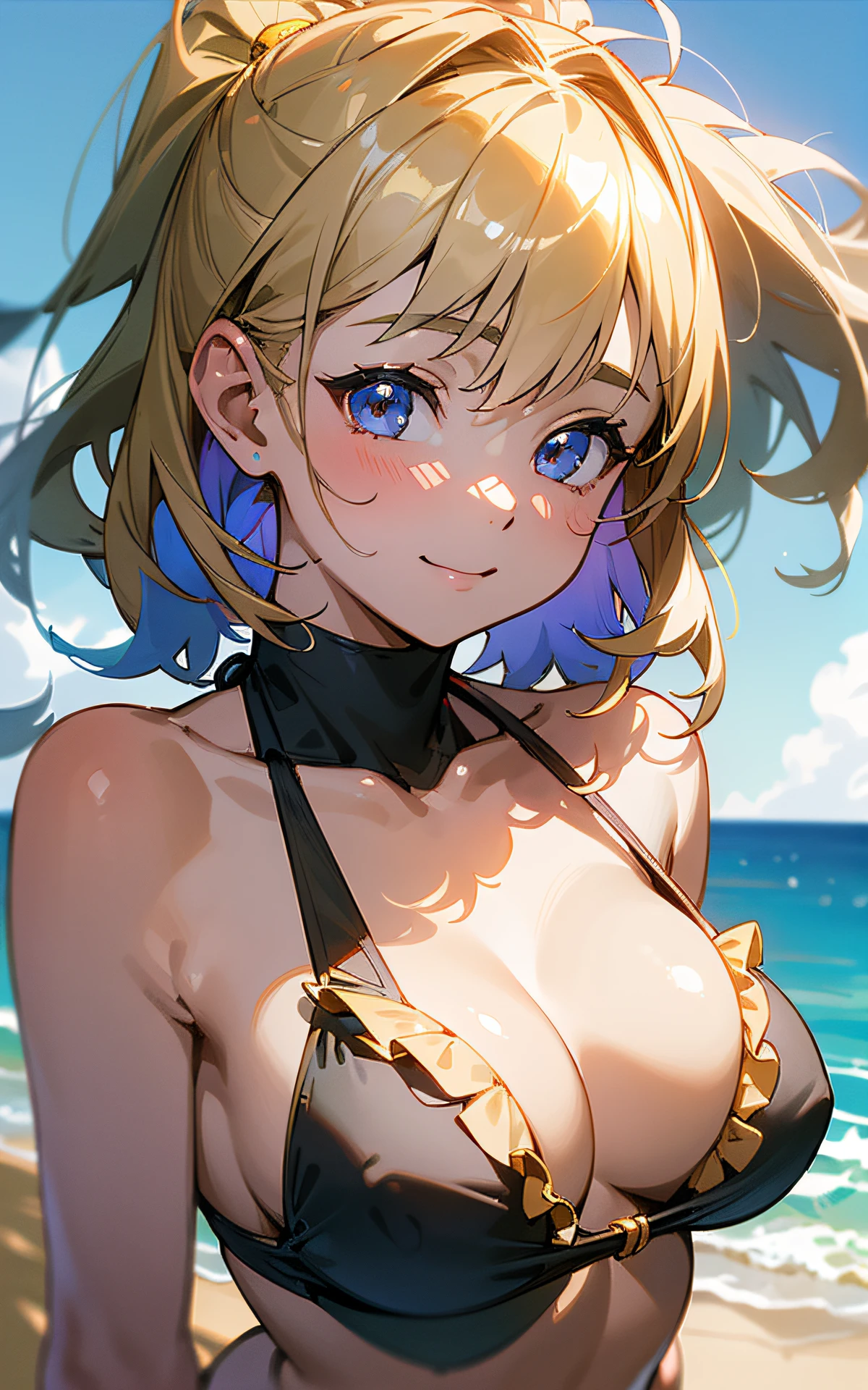 (Original Character、Unity 16K Wallpaper, Masterpiece, Best Quality, Ultra-Detailed, Extremely Detailed CG, Caustics, Cinematic Lighting, Detailed, Beautiful Detailed Eyes, NSFW:1.8, solo、oily skin、cleavage、30yers old), Ultra High Resolution, fine skin, (cute: 1.2, ruffled colorful bikini), (strong light),separate swimsuit、outdoors、seaside、clavicle、arms behind back:1.2、((thick outline、black outline、brighten the subject))、smile、gold only hair, Active、blue sky,