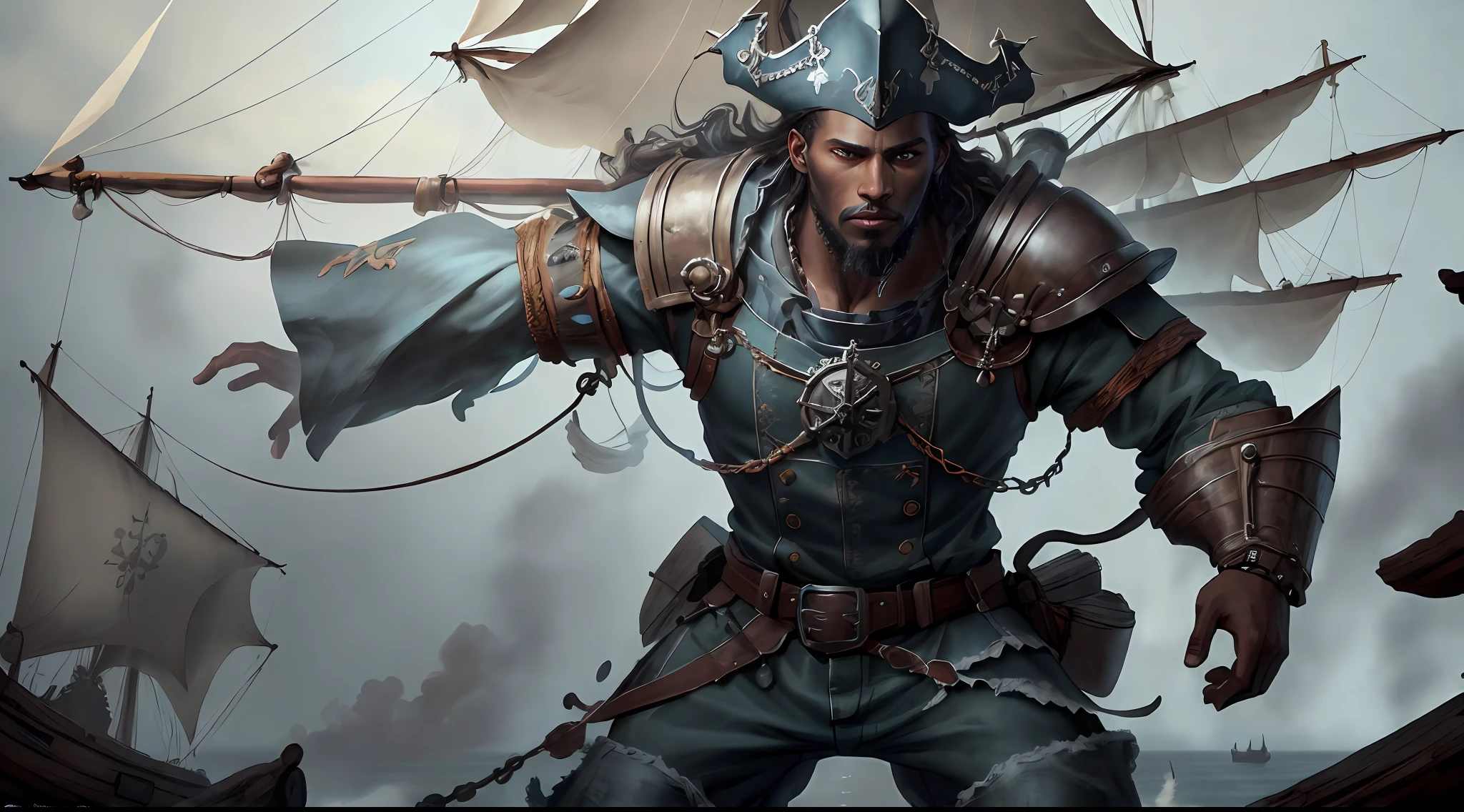 (highly detailed RAW color photo, ridiculous resolution, high resolution, ultra-detailed), ((r 9 6 angles)), dark skin, handsome, fearless and brave expression, mature, thin shoulders, very thin body, black captive dark pirate hat, white dirty braids, vibrant green eyes, (detailed eyes and detailed face), extremely detailed 8k photo, (full body: 0.9), beautiful, overboard, offboard background, detailed face, (Medieval Fantasy Theme: 1.3), Light Blue Pirate Themed Armor with Highly Intricate Details, Blue Pants, Ship in the Background, Inside the Ship, Deck of the Ship, Inspired by Dungeons & Dragons, Digital Artwork, Surreal, Photography, Soft Lighting, Soft Details, Octane, ArtStation Trend, Ultra High Detail, Surreal, Movie, 16k