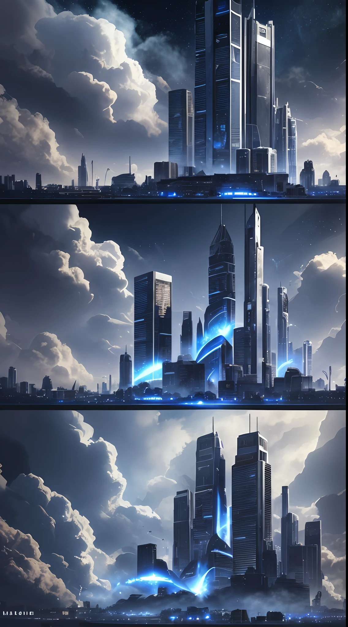 /imagine prompt: [Illustration storyboard] comic page, multiple images on one page: alien spaceship landing on Earth (vista), smoke and dust in the city (medium view), a group of people with weapons, fighting alien creatures (close-up) [multi-camera continuous shooting] cobalt blue and reflective silver, film P30, unequal slash composition, in the style of Paul Chadeisson