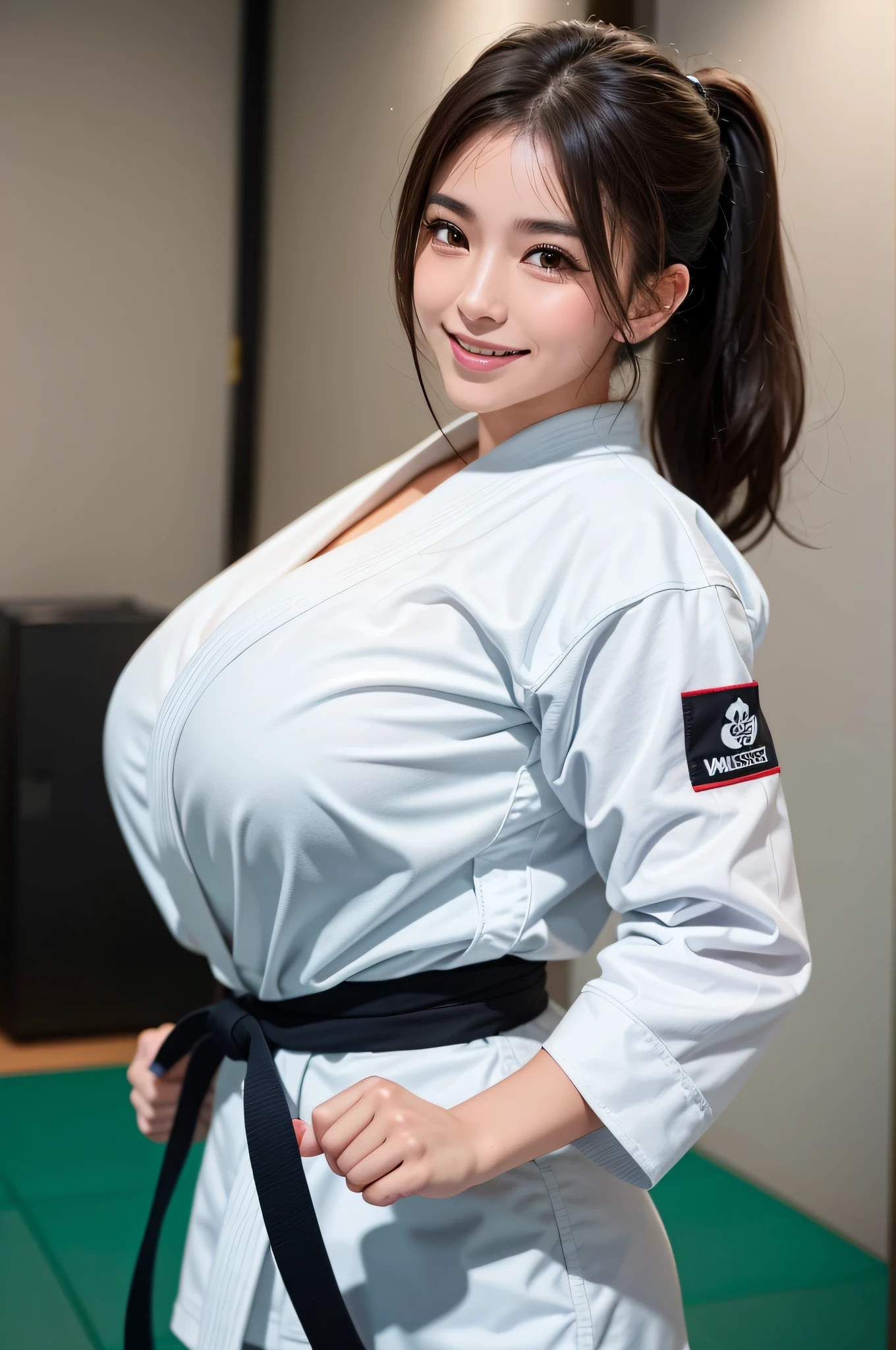 A woman practicing judo is training at (Dojo: 1.1). (She wears a white judo uniform: 1.3) with a black obi. Her hair is brown, short, tied back. She strikes a victorious pose. Her face is full of sweat and a smile, let her peek out her sensual and huge breasts, cleavage. Judogi is stripped off.