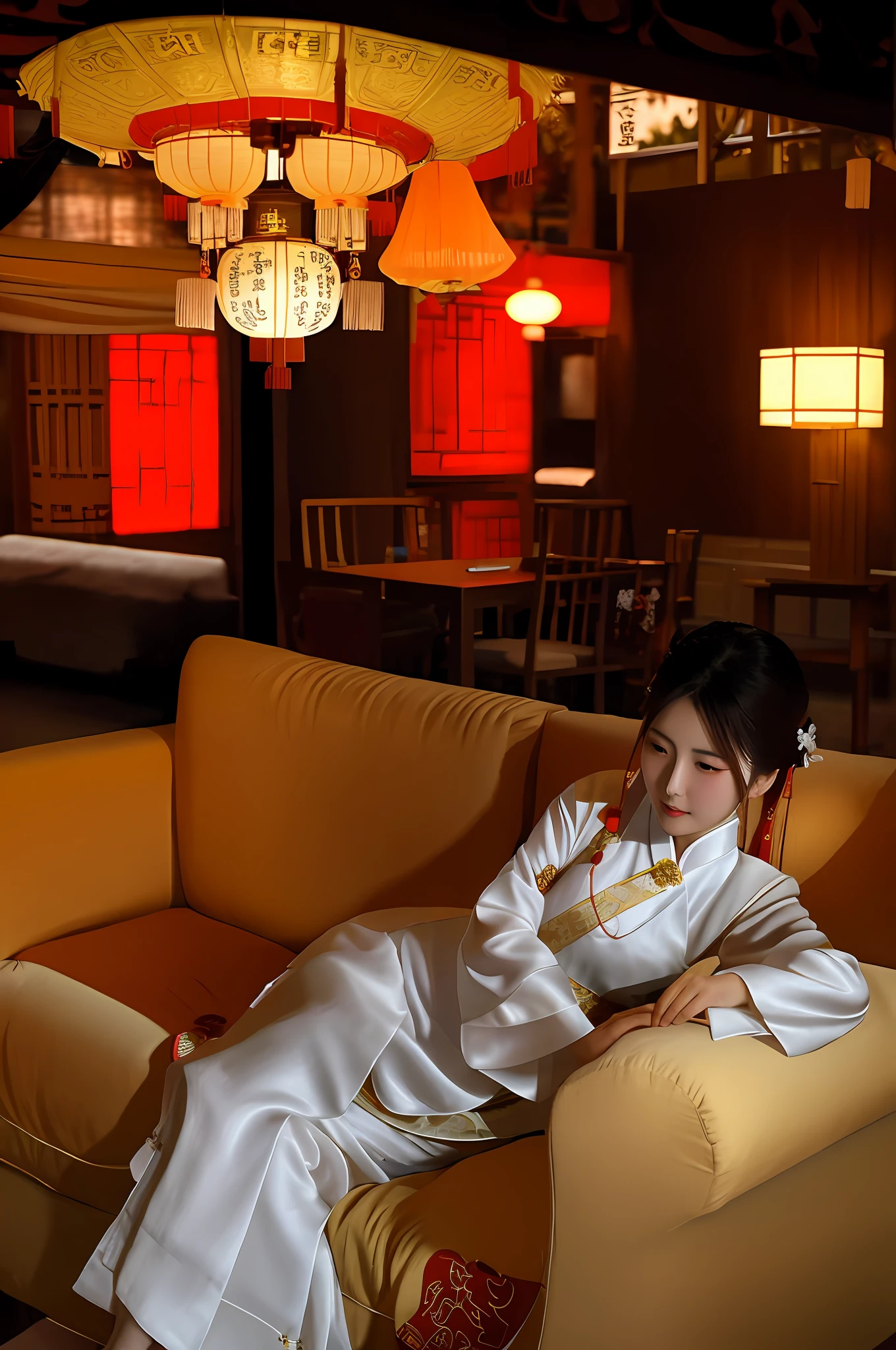 The woman in white dress sits on the sofa, holding a sachet in her hand, ancient costume Chinese, court, Hanfu girl, white Hanfu, Chinese style, inspired by Gu An, inspired by Guo Xi, Sha Xi, cheongsam, Ao Dai, inspired by Jiang Tingxi, inspired by Cui Bai, inspired by Wang Guxiang