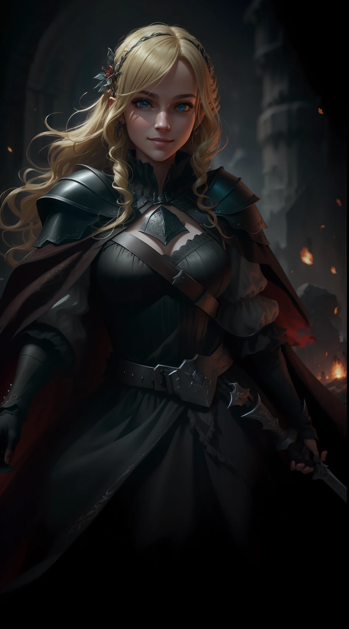 Digital Work:1.3) of (marijameglaj:1.1), Rogue, blonde hair in the wind, detailed eyes, strapless gothic dress, armor workers, cape, dagger in the hem at the waist, smile with fangs, castle, nikon d850, film, stock photography, 4 cameras kodak portra 400, lens f1.6, rich colors, hyper-realistic, realistic texture, dramatic lighting, unreal mechanism, trend in artstation, cinestill 800