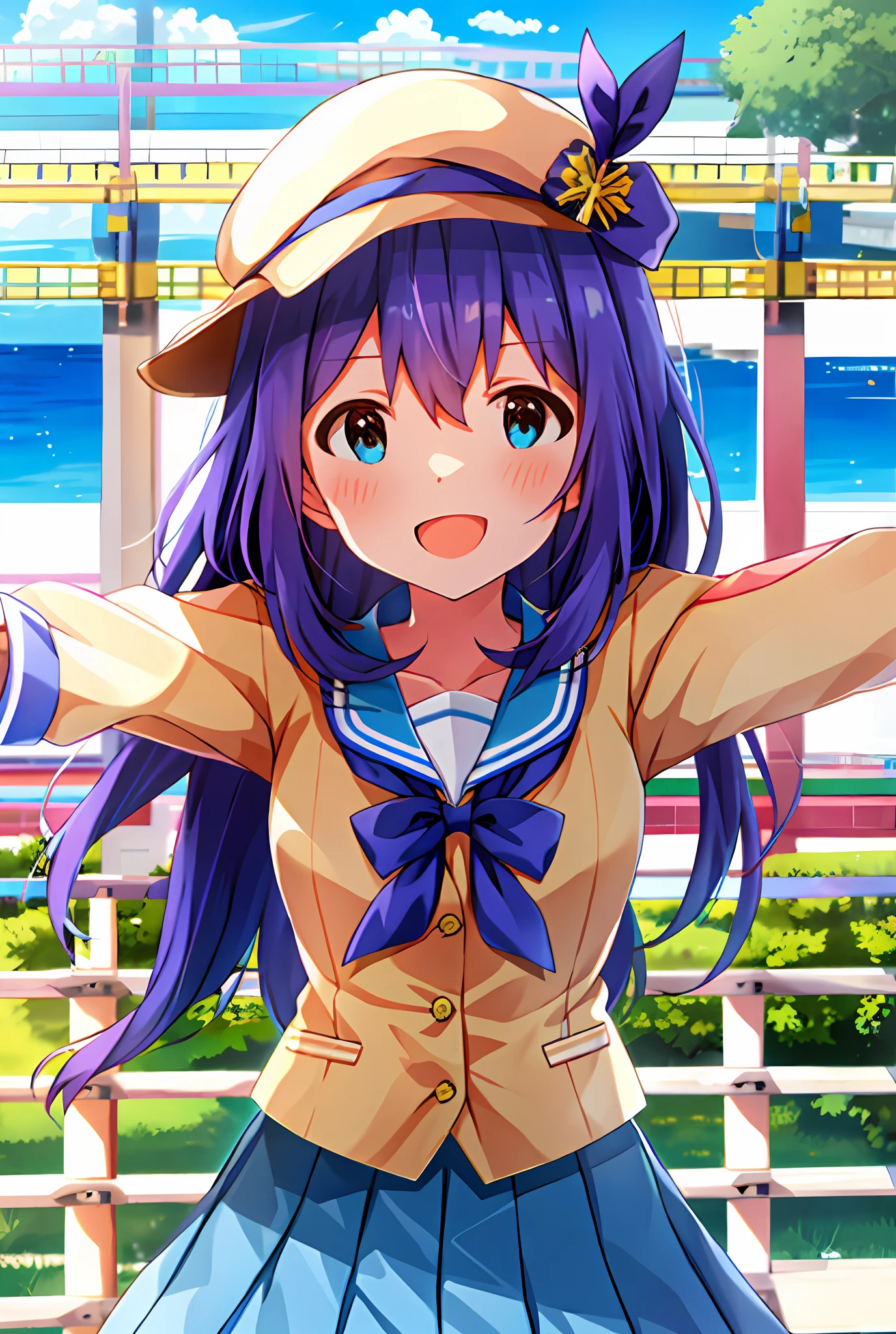 Anna Mochizuki (Million Live), Shiny Trinity \ (Costume), (Top Quality, 8K, Masterpiece, Super Detail: 1.2), Sea, Sun, Mottled Daylight, Blue Sky, Beautiful Clouds, 1 Girl, Solo, Skirt, Straight Face, V, View Viewer, White Sailor Color, Blue Shirt, Sailor Color, Blue Skirt, Pleated Skirt, Short Sleeve, :d, Shirt, School Uniform, Blush, Serafuk, Clavicle, Bow, Ribbon, blue bow.spread arms.chest.