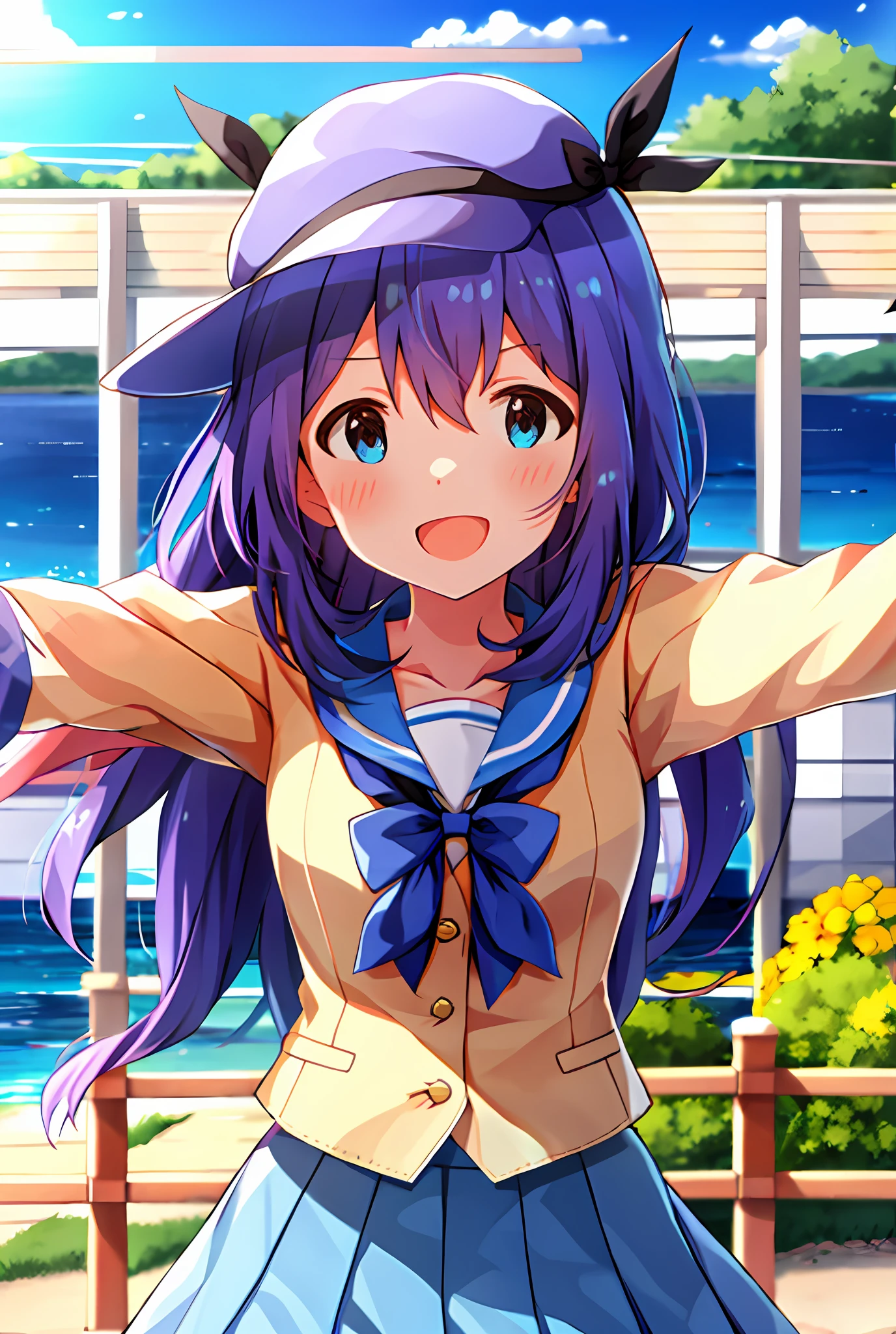 Anna Mochizuki (Million Live), Shiny Trinity \ (Costume), (Top Quality, 8K, Masterpiece, Super Detail: 1.2), Sea, Sun, Mottled Daylight, Blue Sky, Beautiful Clouds, 1 Girl, Solo, Skirt, Straight Face, V, View Viewer, White Sailor Color, Blue Shirt, Sailor Color, Blue Skirt, Pleated Skirt, Short Sleeve, :d, Shirt, School Uniform, Blush, Serafuk, Clavicle, Bow, Ribbon, blue bow.spread arms.chest.