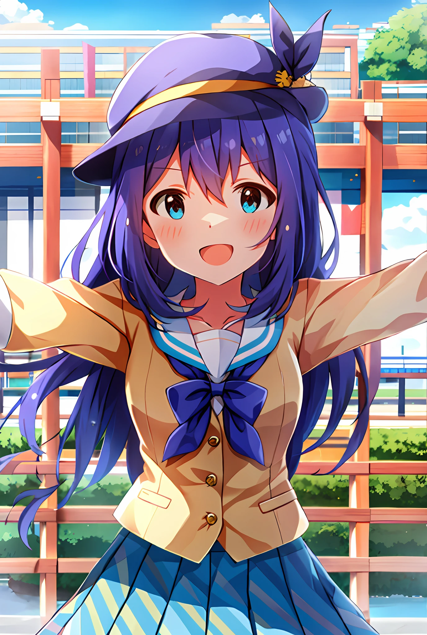 Anna Mochizuki (Million Live), Shiny Trinity \ (Costume), (Top Quality, 8K, Masterpiece, Super Detail: 1.2), Sea, Sun, Mottled Daylight, Blue Sky, Beautiful Clouds, 1 Girl, Solo, Skirt, Straight Face, V, View Viewer, White Sailor Color, Blue Shirt, Sailor Color, Blue Skirt, Pleated Skirt, Short Sleeve, :d, Shirt, School Uniform, Blush, Serafuk, Clavicle, Bow, Ribbon, blue bow.spread arms.chest.