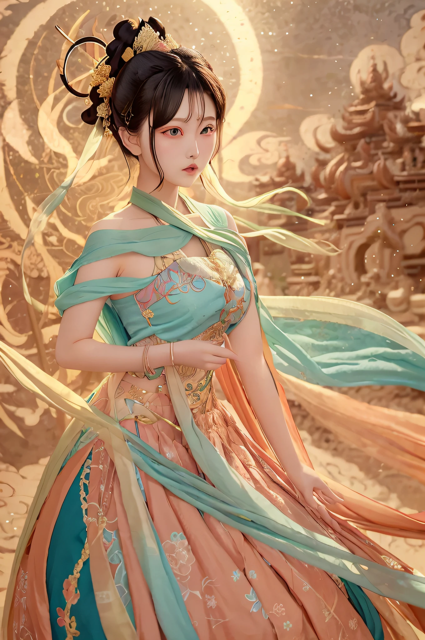 best quality, ultra-detailed, masterpiece, finely detail, highres, 8k wallpaper, Realistic details, clothing details, skin details, photoshop \(medium\),Slim body,1girl, 22 years old, beautiful eyes, real skin, fine face, bangs, medium hair, black hair, blunt bangs, medium breasts, Distant mountain, sky, (ulzzang-6500-v1.1:0.5), dunhuang_cloths,dunhuang_style,dunhuang_background,dunhuang_dress,dunhuang_fan,