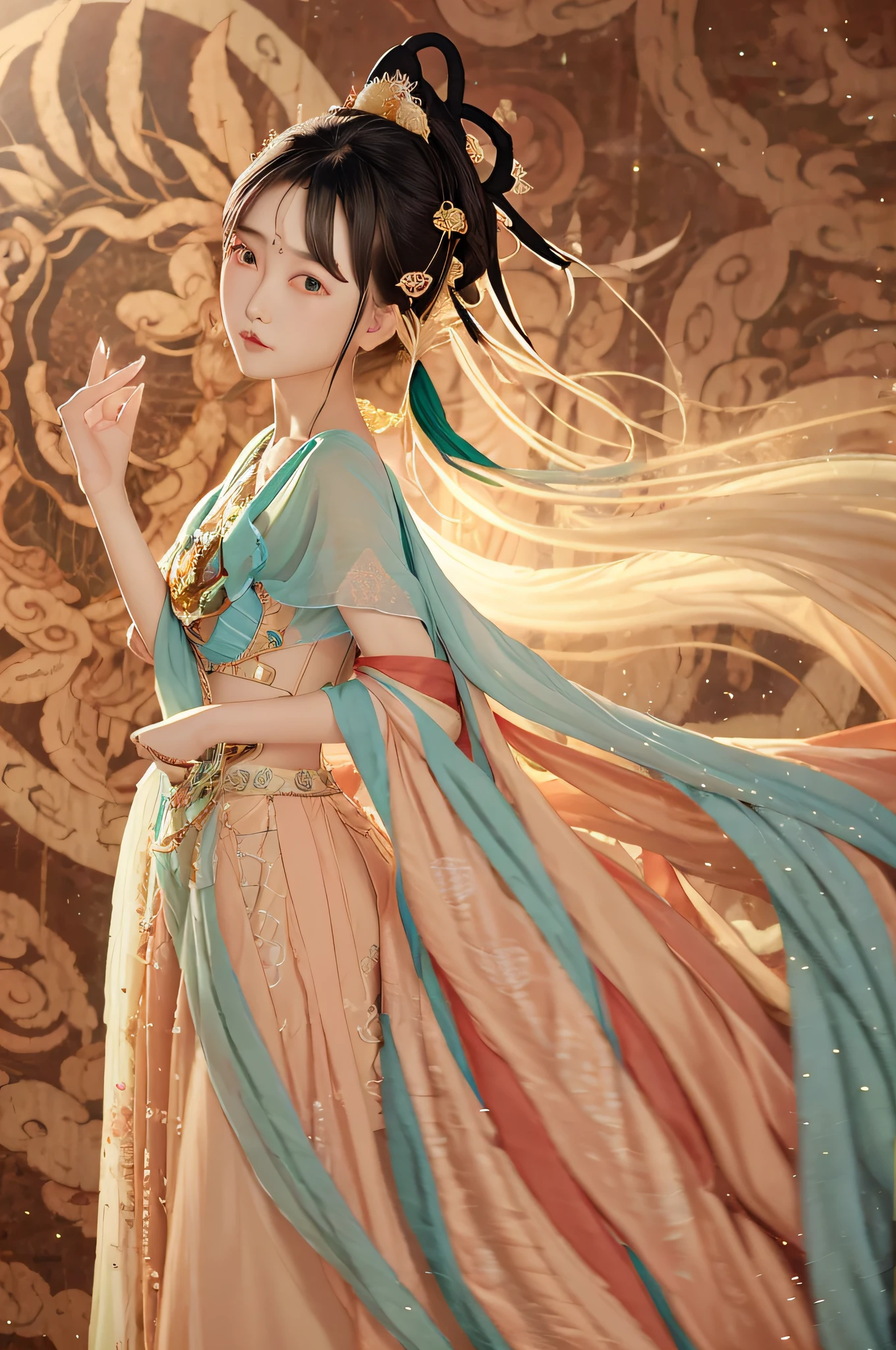 best quality, ultra-detailed, masterpiece, finely detail, highres, 8k wallpaper, Realistic details, clothing details, skin details, photoshop \(medium\),Slim body,1girl, 22 years old, beautiful eyes, real skin, fine face, bangs, medium hair, black hair, blunt bangs, medium breasts, Distant mountain, sky, (ulzzang-6500-v1.1:0.5), dunhuang_cloths,dunhuang_style,dunhuang_background,dunhuang_dress,dunhuang_fan,