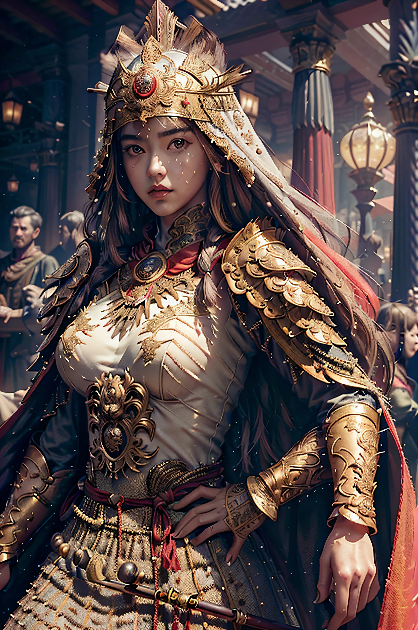 ((masterpiece))), (((best quality))), ((ultra-detailed)), (hyperrealistic), (highly detailed CG illustration), cinematic light, photorealistic ,extremely beautiful young lady, light makeup, big breast,  intricate detailed eaba, red cape, spear