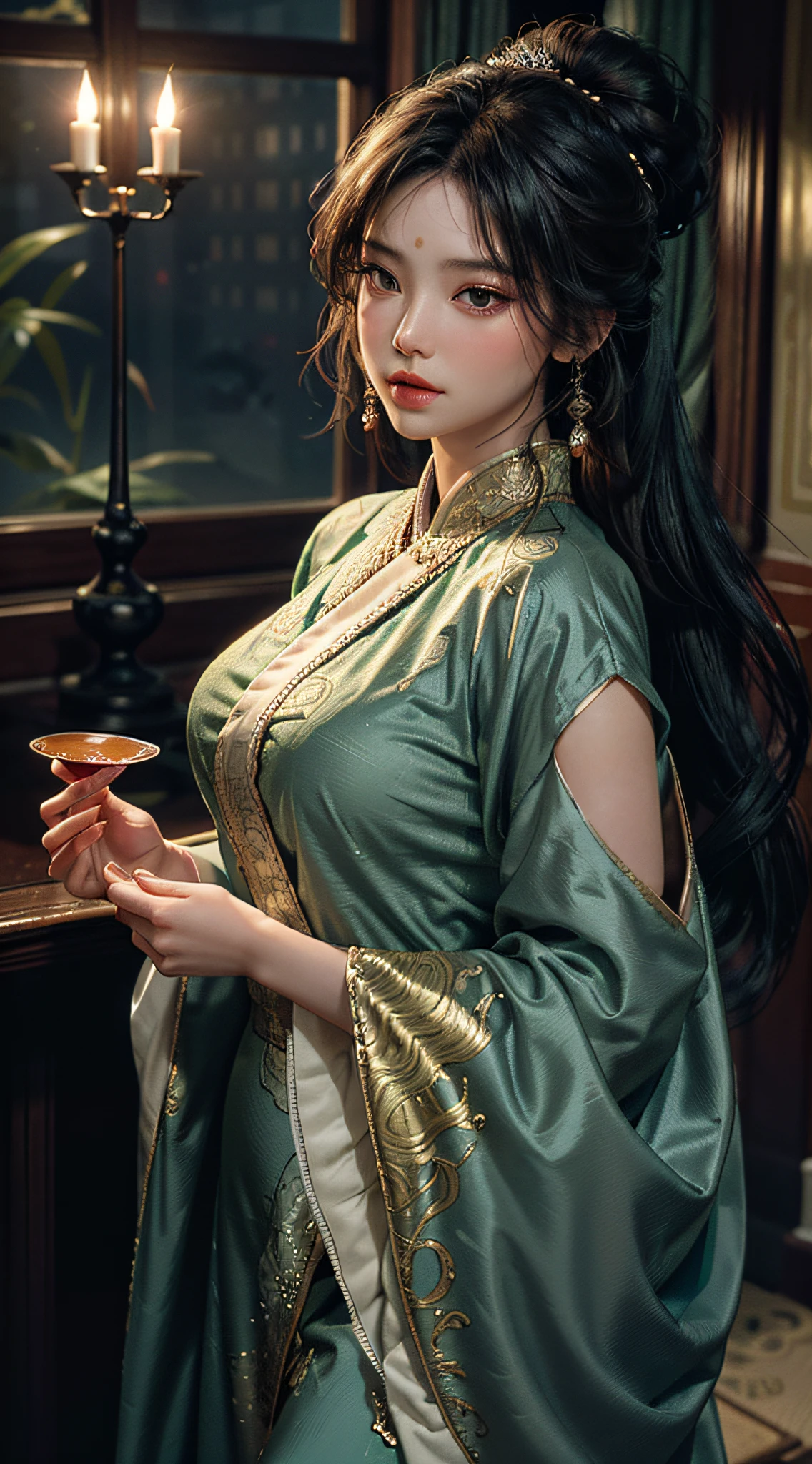 The art depicts a charming woman dressed in a flowing, silky traditional oriental dress decorated with intricate patterns and bright colors. Her dress drapes elegantly over her curvy figure, accentuating her seductive silhouette. She stood gracefully in the quiet moonlit night, bathed in the soft glow of the moonlight. The scene exudes an ethereal and dreamy atmosphere, with a touch of mystery and sexiness. The graphic style blends watercolor and digital illustration techniques to evoke a refined beauty and charm. The candlelight is filled with soft moonlight, casting soft highlights and shadows on her charming features.