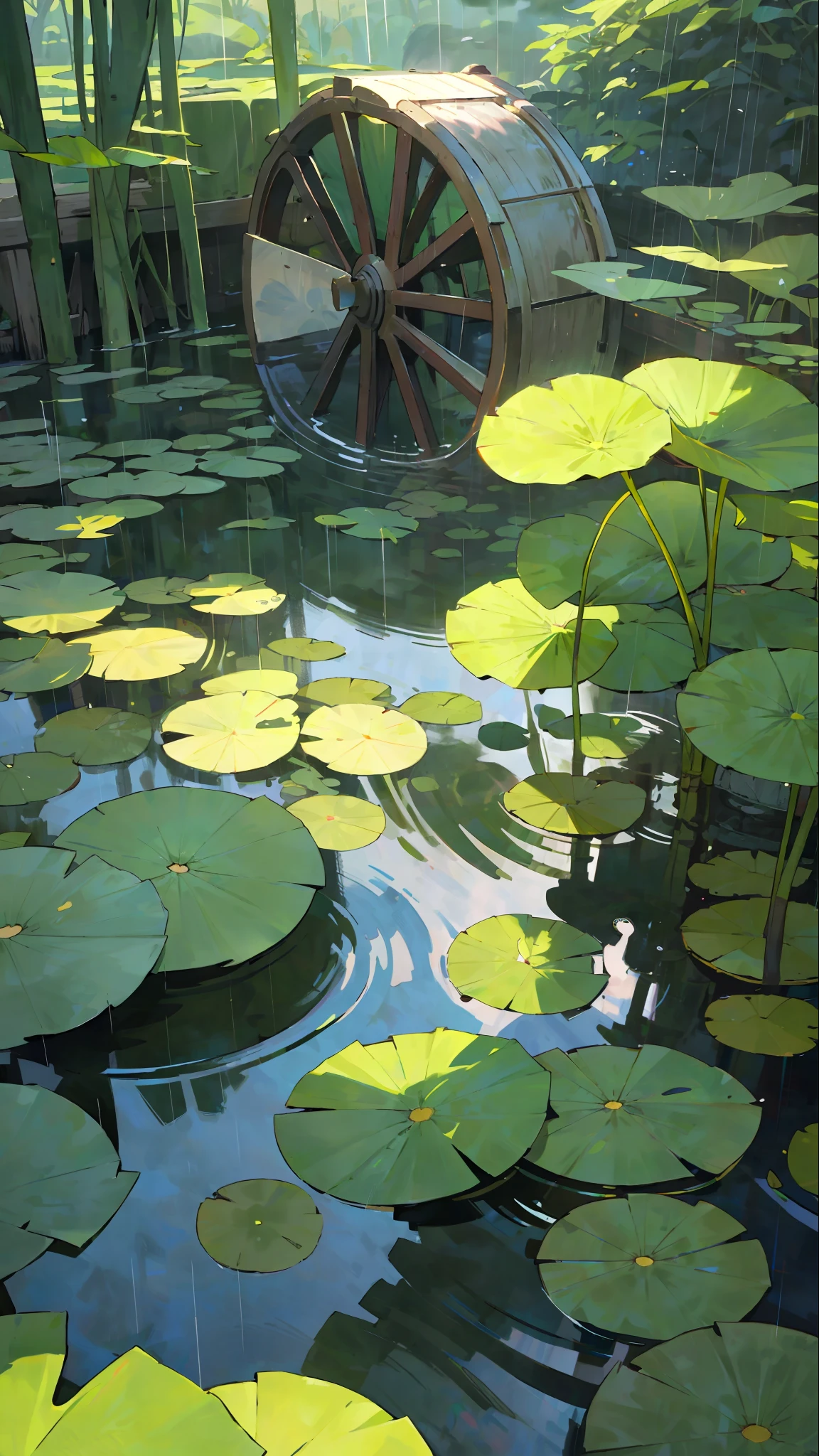 (It is raining heavily), there are lotus leaves in the quiet pond, the waterwheel is turning, there are willow leaves hanging from the top of the screen, there are two ducks in the water, high-definition illustrations, detailed shadows, emerald green, various colors,