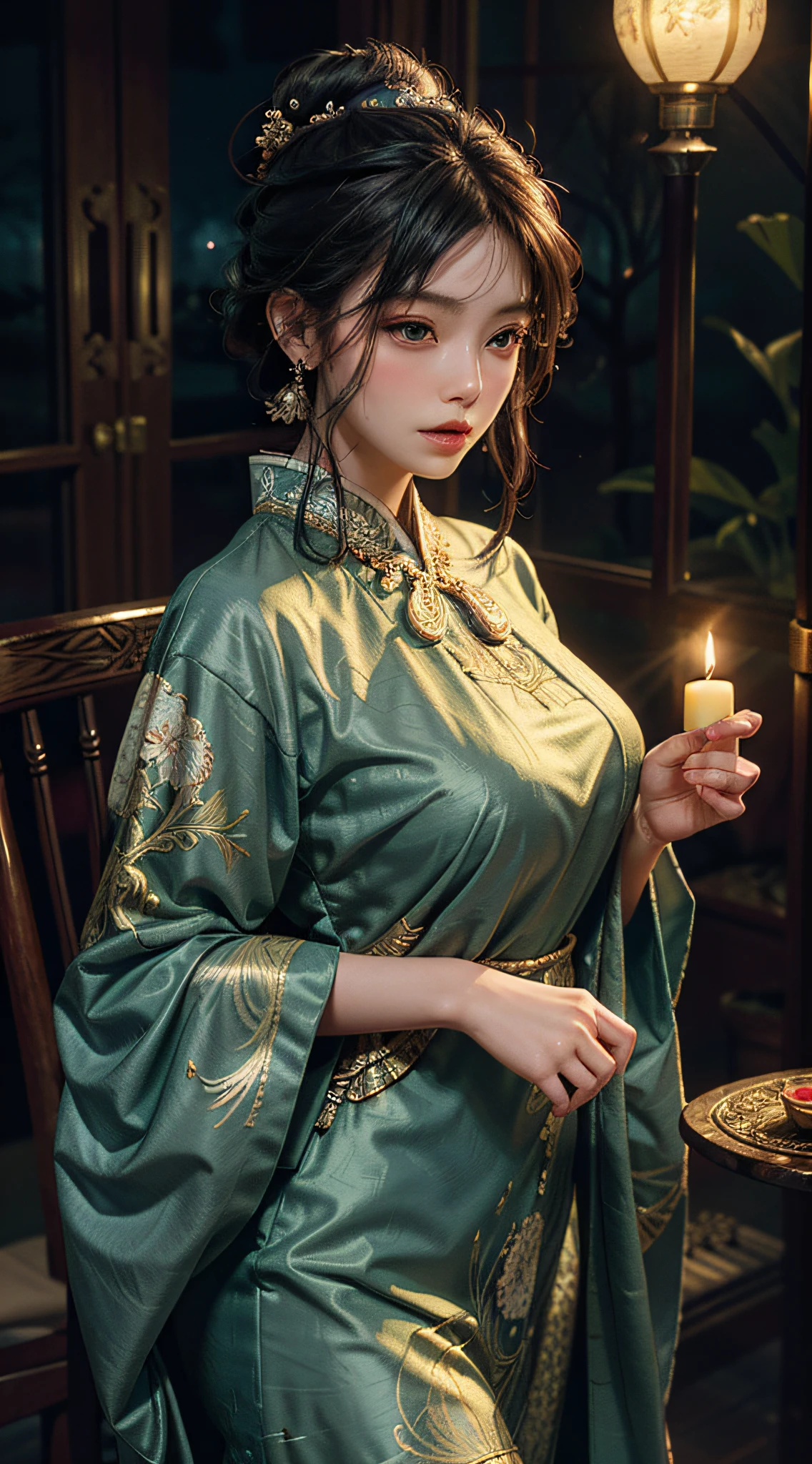 The art depicts a charming woman dressed in a flowing, silky traditional oriental dress decorated with intricate patterns and bright colors. Her dress drapes elegantly over her curvy figure, accentuating her seductive silhouette. She stood gracefully in the quiet moonlit night, bathed in the soft glow of the moonlight. The scene exudes an ethereal and dreamy atmosphere, with a touch of mystery and sexiness. The graphic style blends watercolor and digital illustration techniques to evoke a refined beauty and charm. The candlelight is filled with soft moonlight, casting soft highlights and shadows on her charming features.