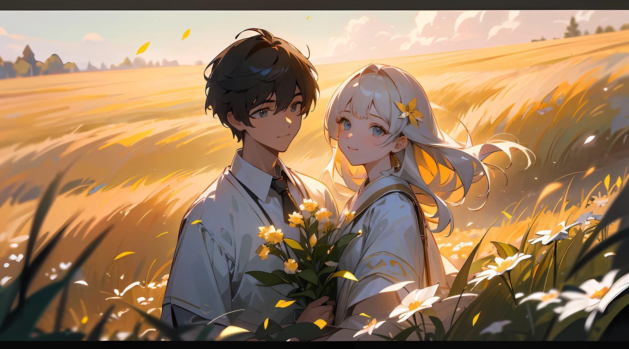 (Masterpiece), (Best Quality), Extremely Detailed CG Unity 8k Wallpaper, Ultra Detail, High Resolution, Fine Detail, Upper Body, Long Lens, Wide Angle Lens, (Depth of Field), Cinematic Lighting, Extremely Detailed Eyes and Face, (Beautiful Detailed Eyes), Light Smile, Boys and Girls Walking Side by Side, Couple, Flower Field, Sky, Grass, Flowers, Petals