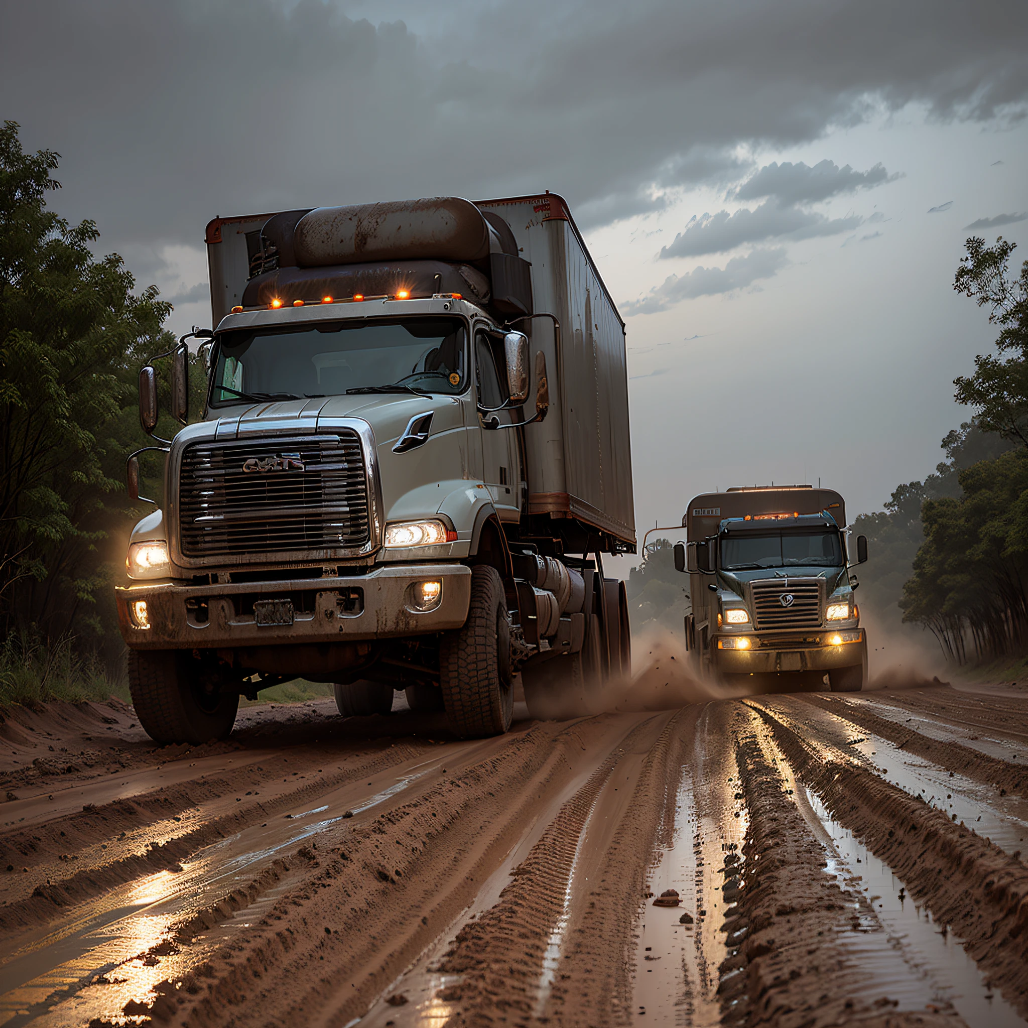 Two trucks driving with their headlights on a dirt road filled with mud and mud