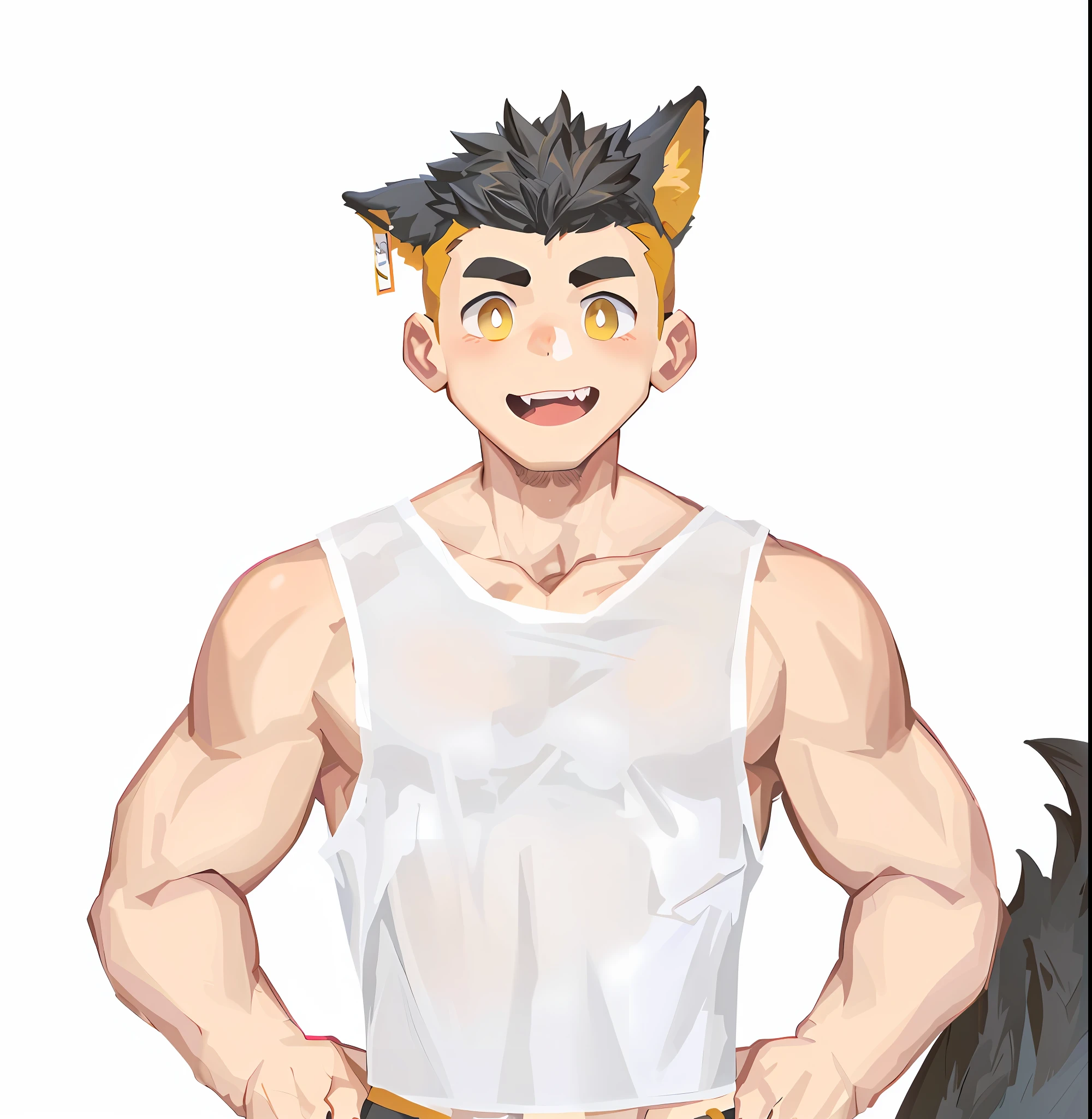 anime guy with a furry tail and a white tank top, muscular!!, muscular werewolf, furry chest, muscular!, fluffy chest, anime style character, muscular character, varguyart style, muscular!!!, halfbody portrait, halfbody headshot, full character body, made with anime painter studio, muscular! white, !!full body portrait!!, by Kanbun Master