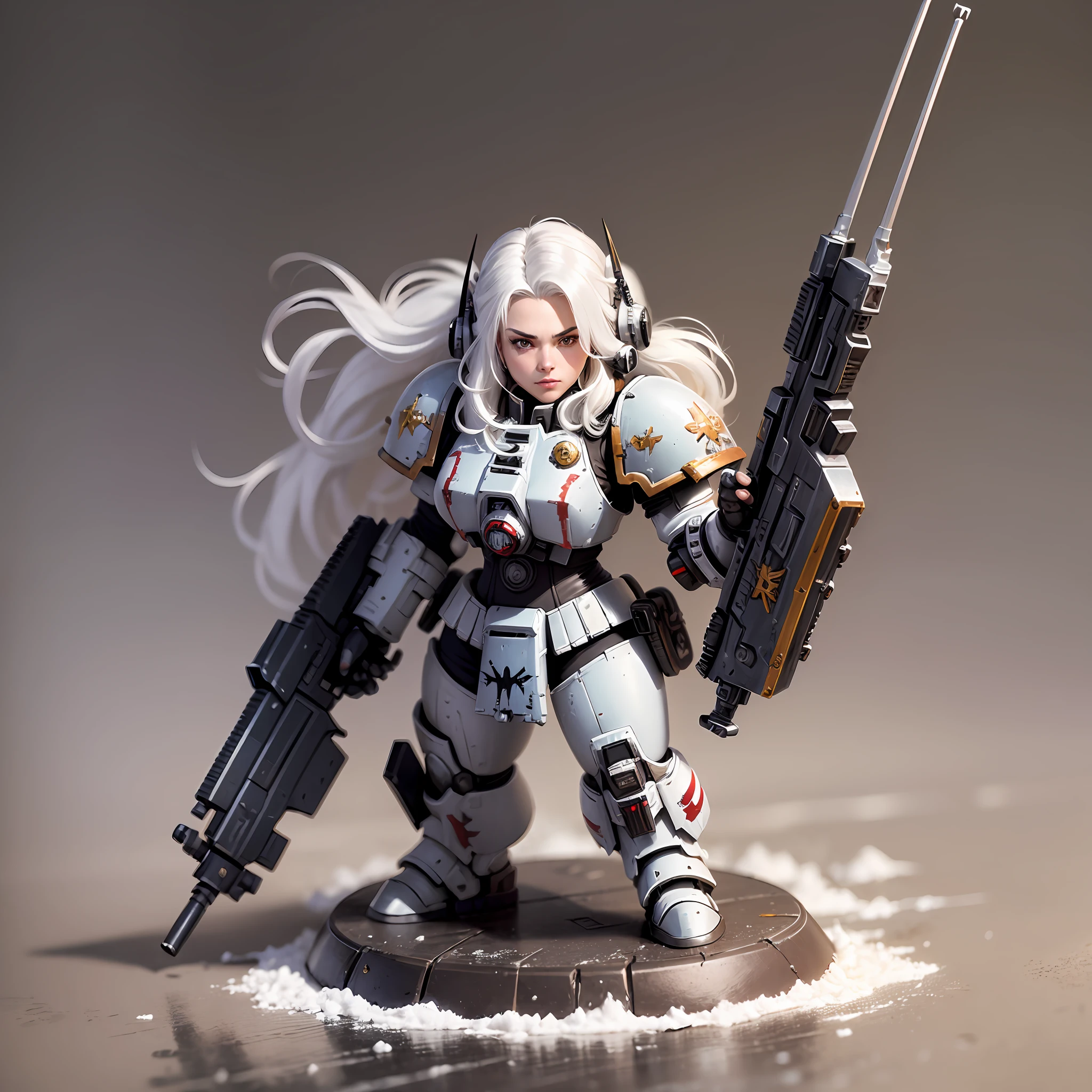 ((masterpiece, best quality)), huge resolution, boltgun, sister of battle, white hair styled in loose waves, (warhammer 40k:1.1), black power armor, purity seals,