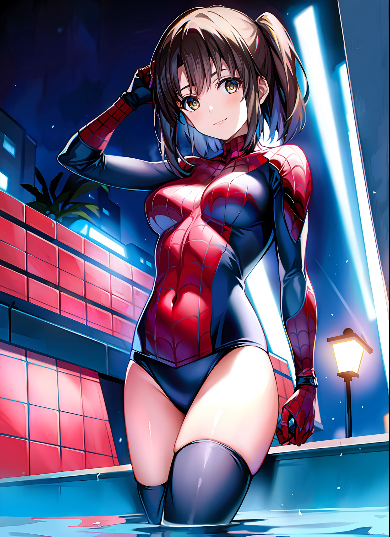 masterpiece, best quality, 8k, highres, 1girl, night, pool, neon, moon, seductive, spider suit,innocent smile,