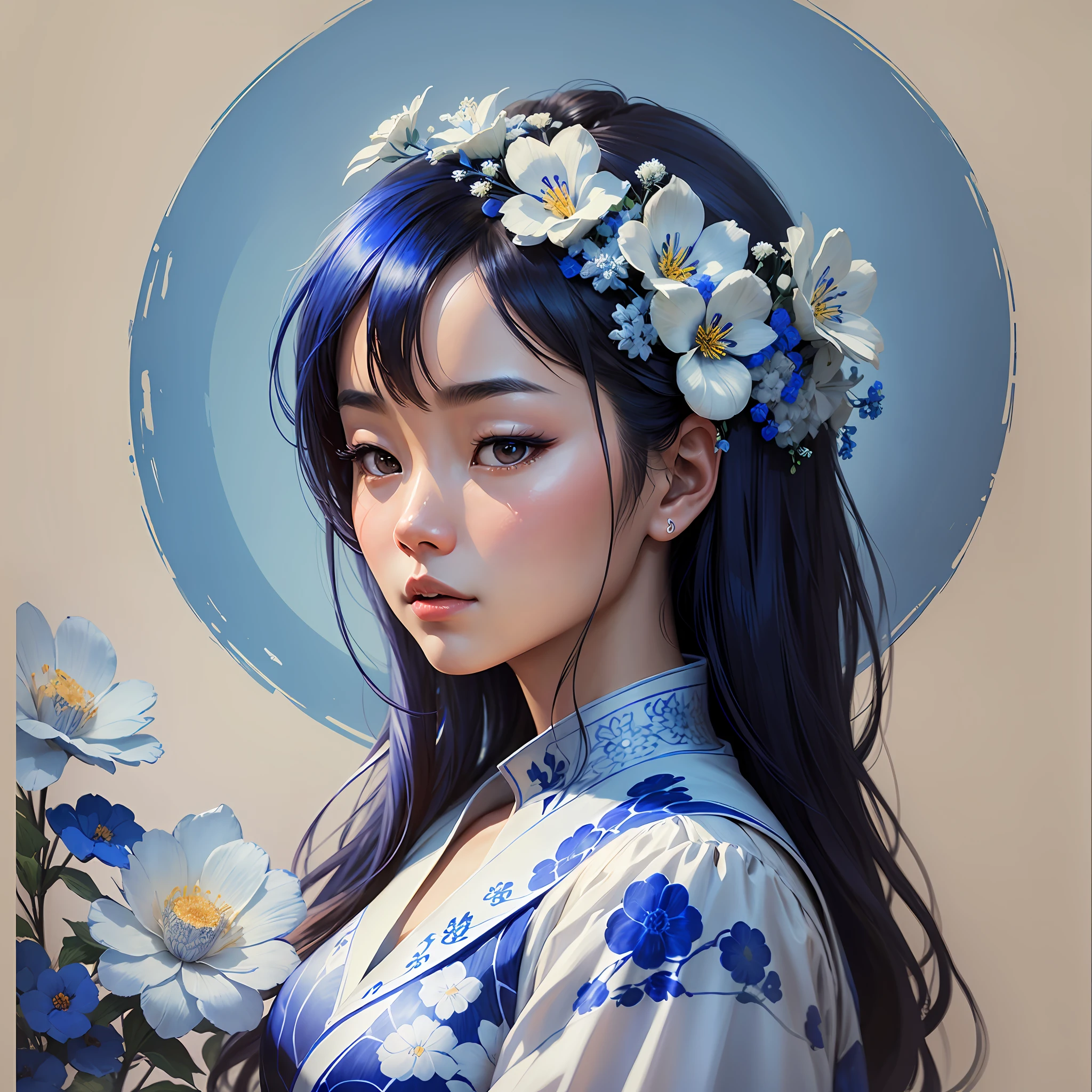 An Asian woman in a white and blue dress holding a vase, blue and white porcelain panel painting on background, digital photography style of human face, monochrome elegant, --AR 3:4 --Q 2 --auto --s2