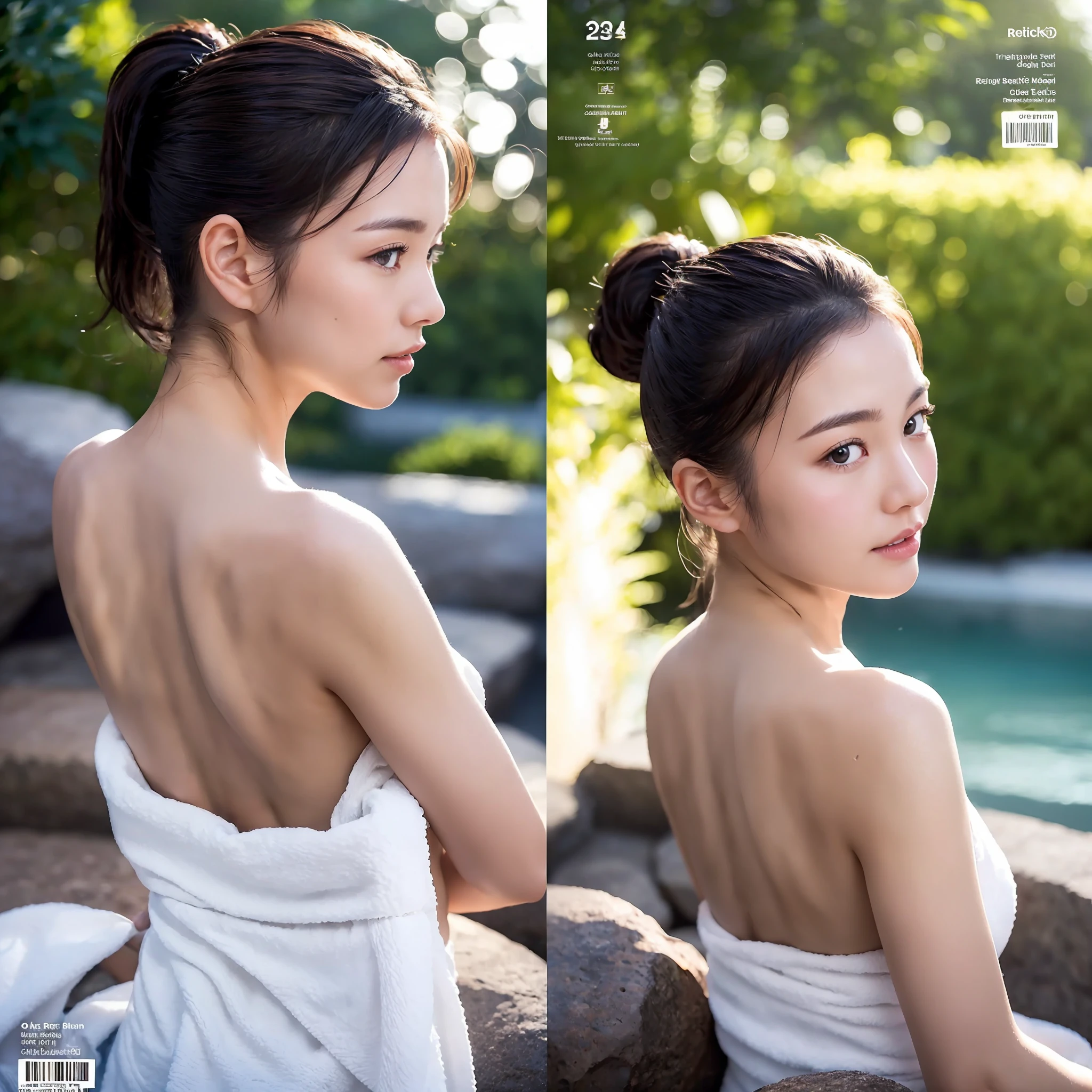 Top quality, delicate details, highly detailed eyes and face, (night), ((background dark)))), (open-air rock bath), one beautiful girl, clean back. Turn around, sweat, ponytail, cheeks uplifted, cover yourself with a towel