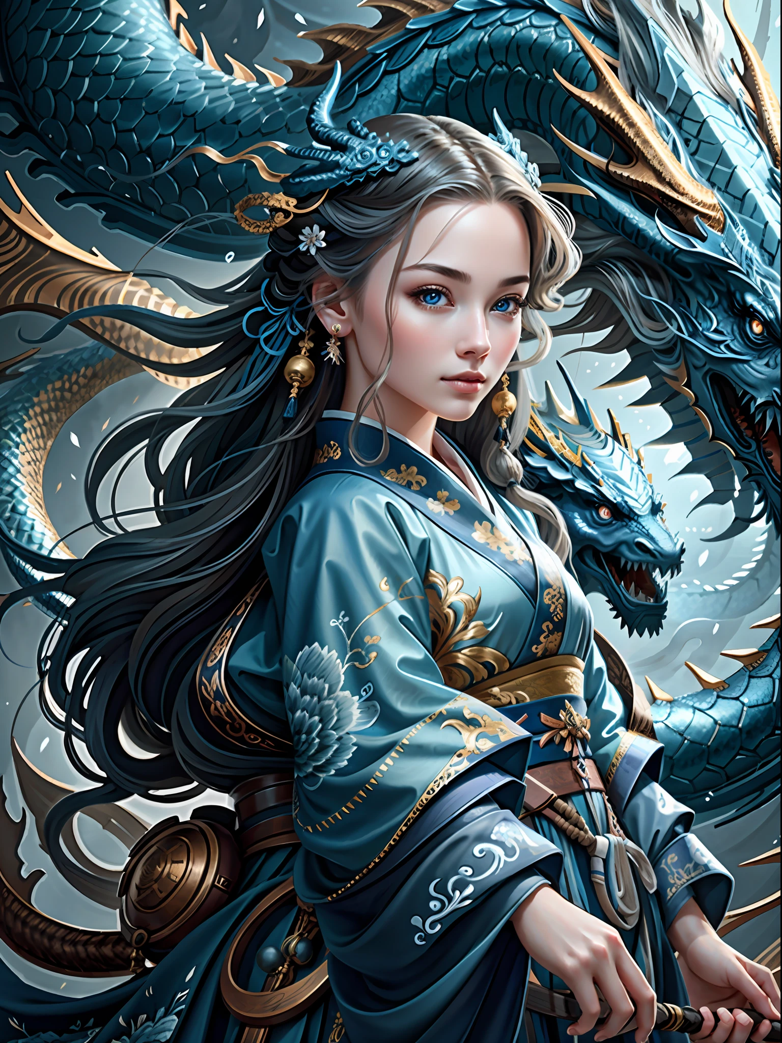 A masterpiece, of the best quality, realistic, realistic, this painting depicts a woman standing next to a dragon. The whole painting uses a cute and realistic portrait (styled kawaii realistic portrait) with dark blue eyes. Long hair fluttering and cute (cute:2). The whole painting shows excellent photorreal details, light and shadow tracing, rich details, close-up of a woman in kimono with a dragon, dragon girl portrait, dragon-inspired cloth robe, Asian girl, flowing black long hair, dragon girl, dragon in the background, black dragon, hanging ornaments, Chinese fantasy