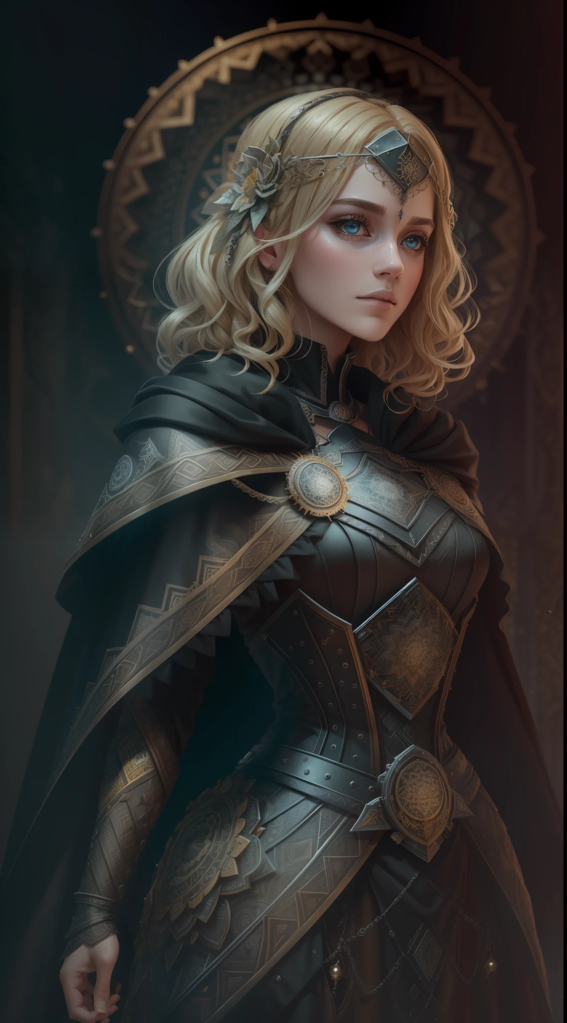 Digital Work:1.3) by (marijameglaj:1.1), Rogue, blonde hair in the wind, detailed eyes, strapless gothic dress, armor workers, cape, dagger in sheath at waist, castle, nikon d850, film, stock photography, 4 cameras kodak portra 400, lens f1.6, rich colors, hyper-realistic, realistic texture, dramatic lighting, unreal mechanism, trend in artstation, cinestill 800, (mandala background, distorted background, Zentangle Fund, Inception Fund)